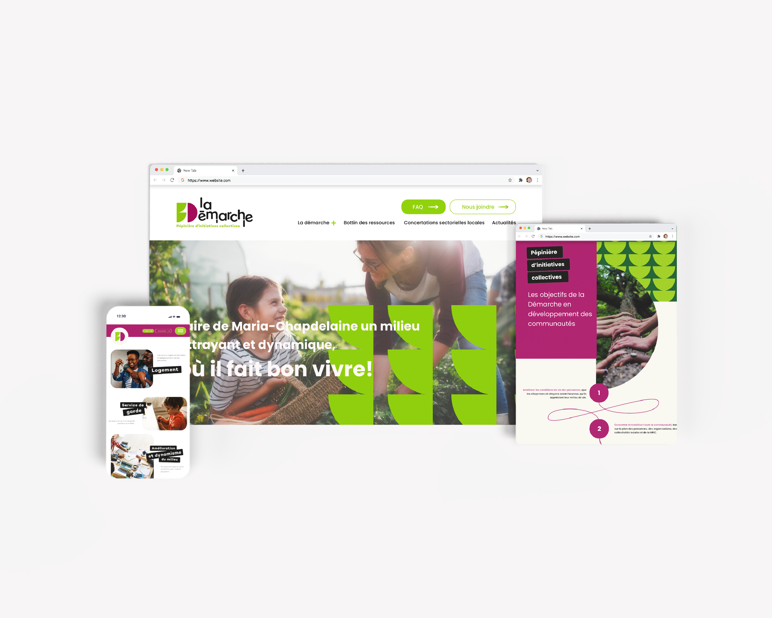 Capture d'écran d'un site web montrant des versions mobile, tablette et ordinateur, axé sur une initiative communautaire avec des images de personnes interagissant dans un jardin ou un espace vert, avec des éléments graphiques verts et magenta.