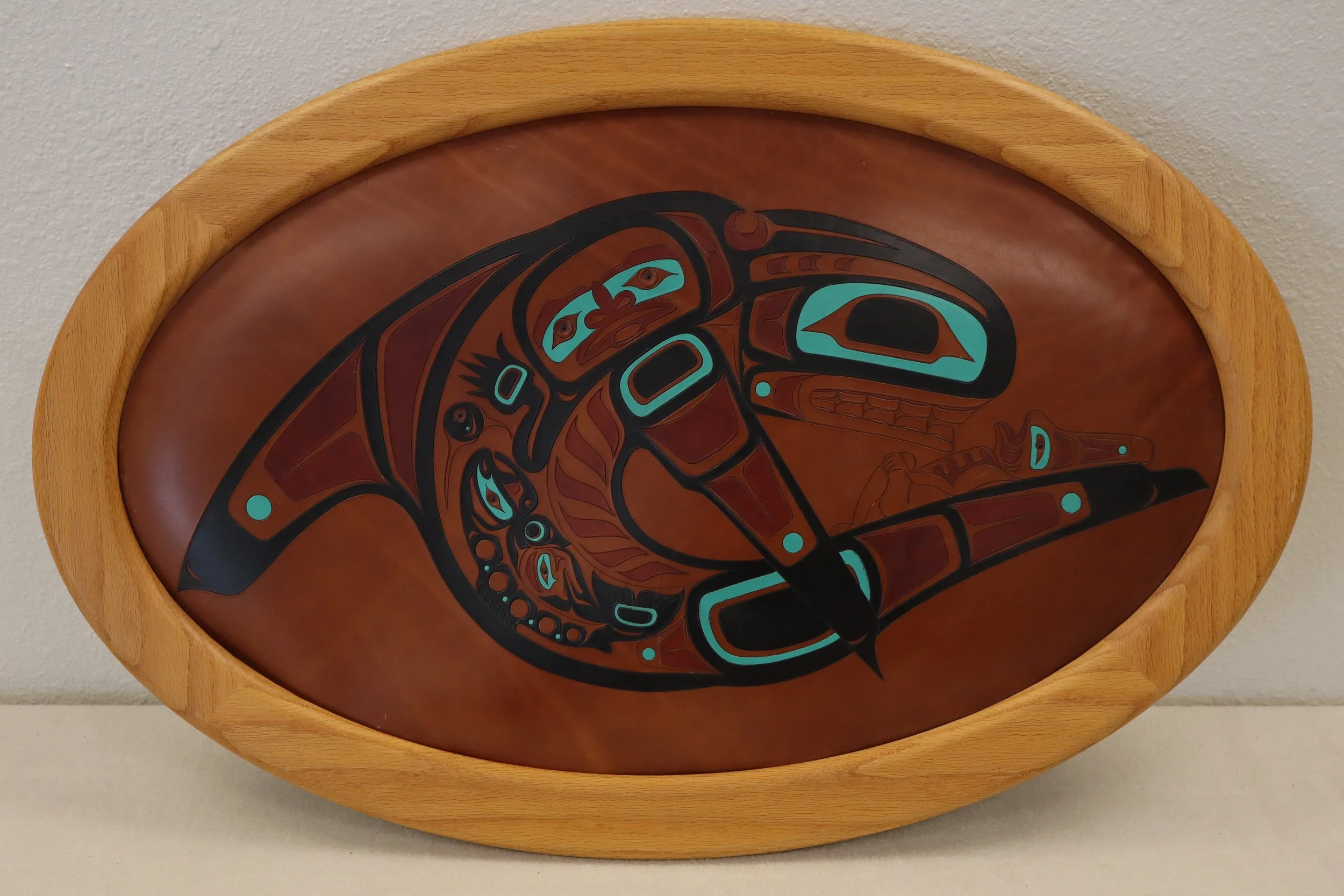 Stephen C. Evans' 'Gunarch & Killer Whale' Northwest Coast Style Leather Art, first nations, art, painting, vtg, vintage, rare, collectible, native, native american, alaska, alaskan