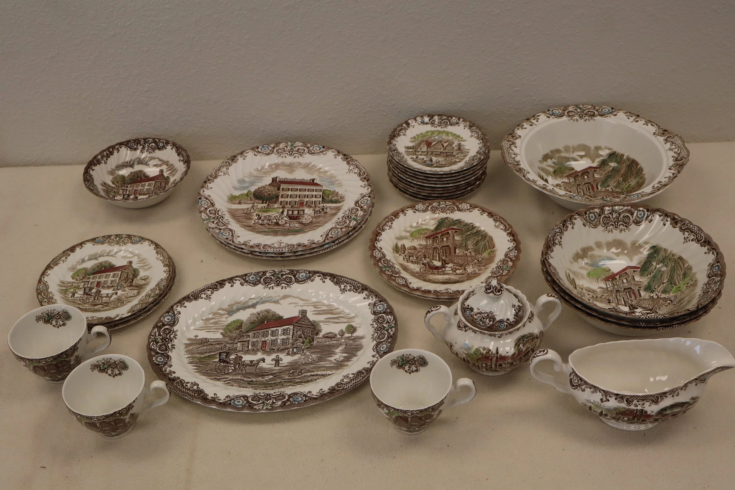 Large Lot of Vintage Johnson Brothers Heritage Hall Brown Multicolor Dinnerware Set with Handpainted French Provincial Landscapes