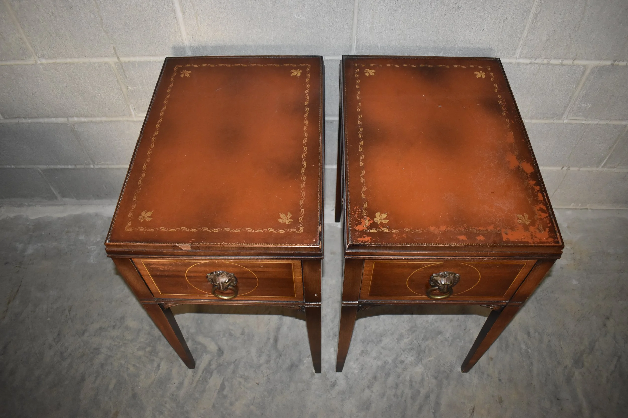 Vintage 1944 Georgian Style Bedside Tables with Lion Mask Handles, vintage, rare, classic, vtg, regal, elegant, wood, hand-built