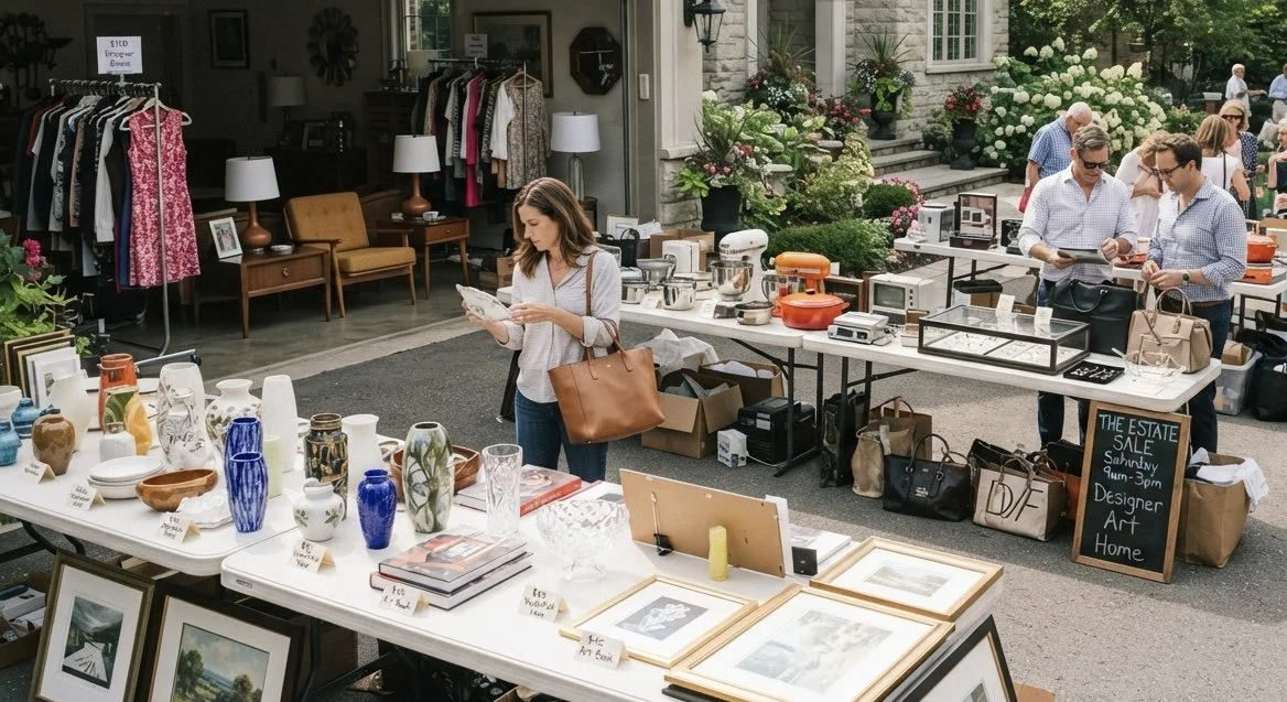 Outdoor estate sale with tables displaying various household items, art, and pottery. People are browsing and chatting, with a house and garden in the background.