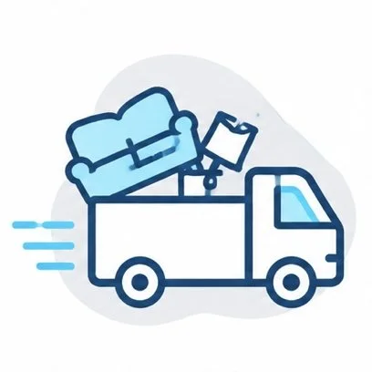 Illustration of a moving truck carrying a couch and a lamp.