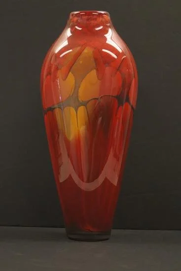 Steven Main Cased Red Glass Vase, vas, blown glass, seattle, rare, vintage, vtg, collectible, fine art, art, artistic, glass art, vase, glass vase