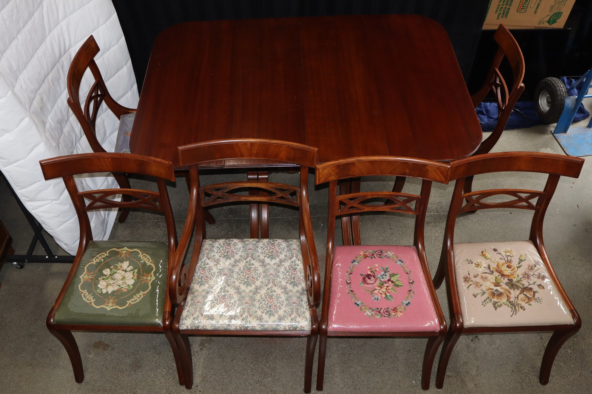 Regency Style Duncan Phyfe Drop Leaf Table Set with Needlepoint Chairs, Duncane phyfe, handmade, rare, vtg, antique, vintage, collectable, wood, dining set, furniture