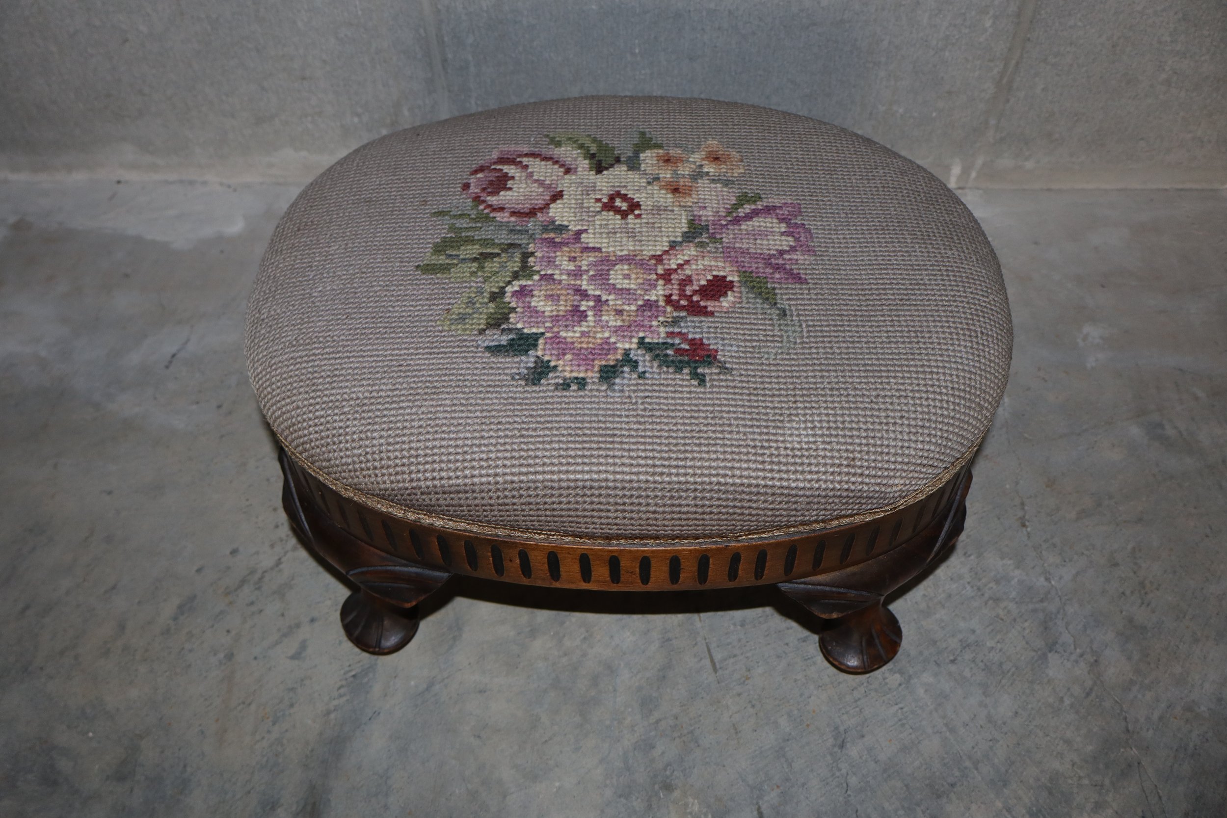 Victorian Style Needlepoint Footstool, classic, vtg, vintage, wood,