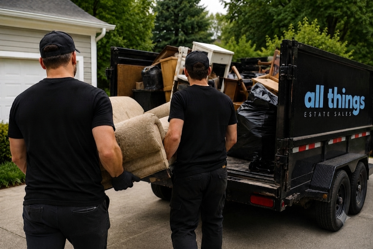 Two men loading furniture into a black trailer with the words "all things estate sales" on the side, parked in a driveway in front of a house with white siding. The background includes green trees.