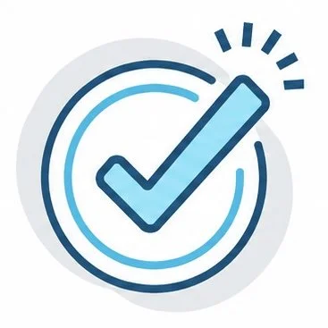 Icon of a check mark inside a circle, indicating approval or completion, with lines suggesting action or emphasis.