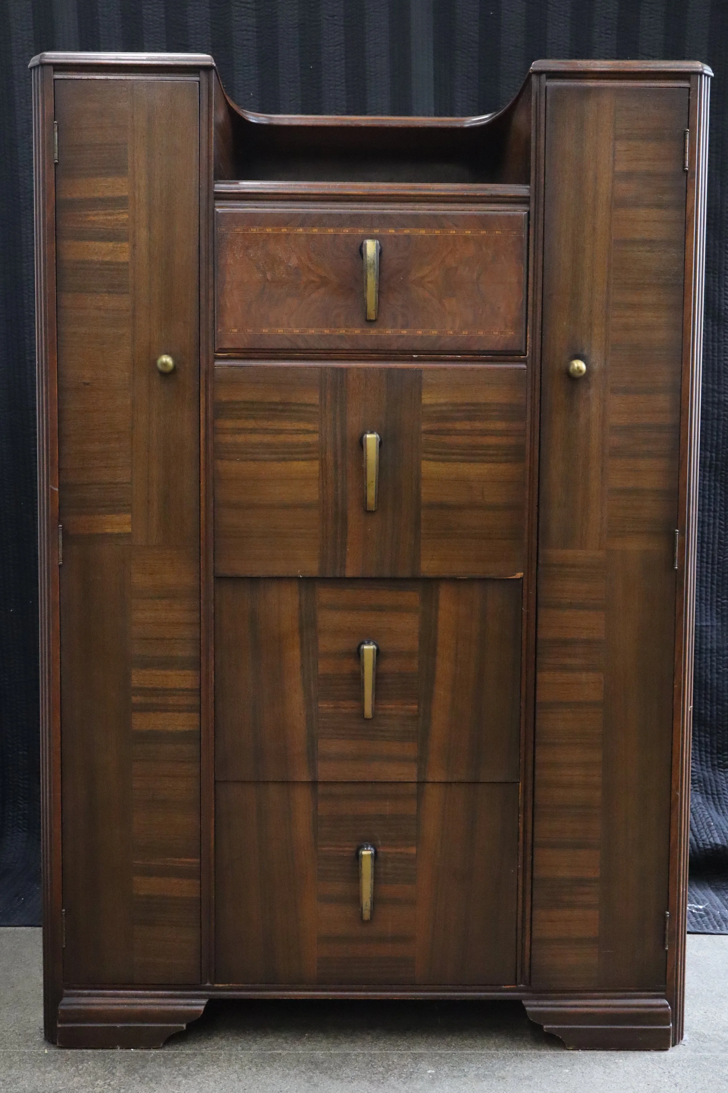 Art Deco Waterfall Wardrobe Dresser, art deco, artistic, golden age, rare, vtg, vintage, collectible, furniture, wood, mahogany