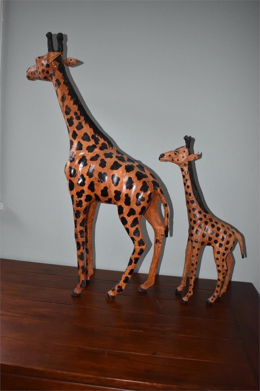 Vintage MCM Leather-Wrapped Giraffe Figurines 28" & 18", mid century modern, vtg, collectible, figurine, kitschy, classic, rare, decor, decorative, fun