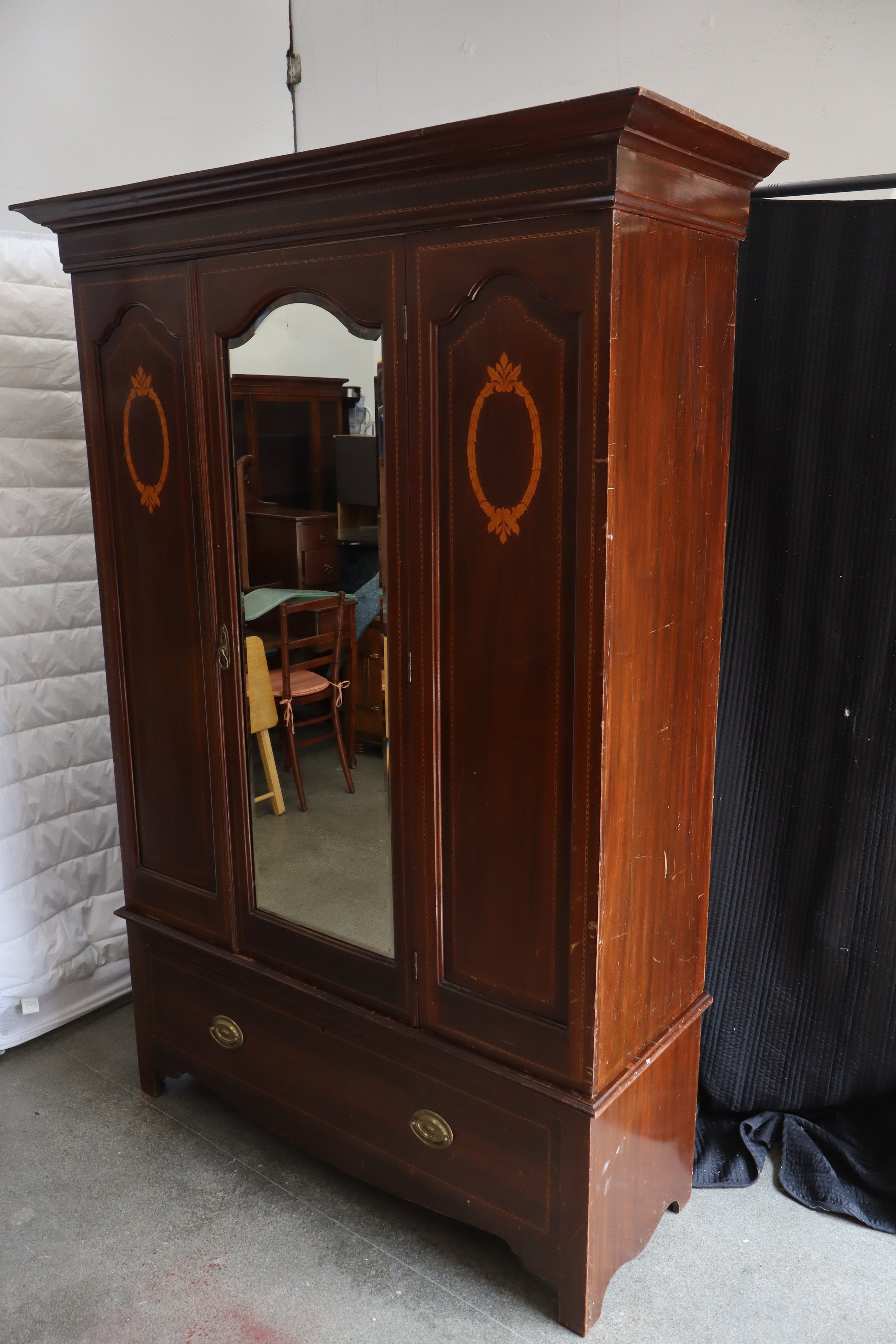 Antique Edwardian Inlaid Mahogany Wardrobe, antique, rare, collectible,  vtg, vintage, furniture, wood, hand-made, hand-built, hand made, hand built, mahogany,