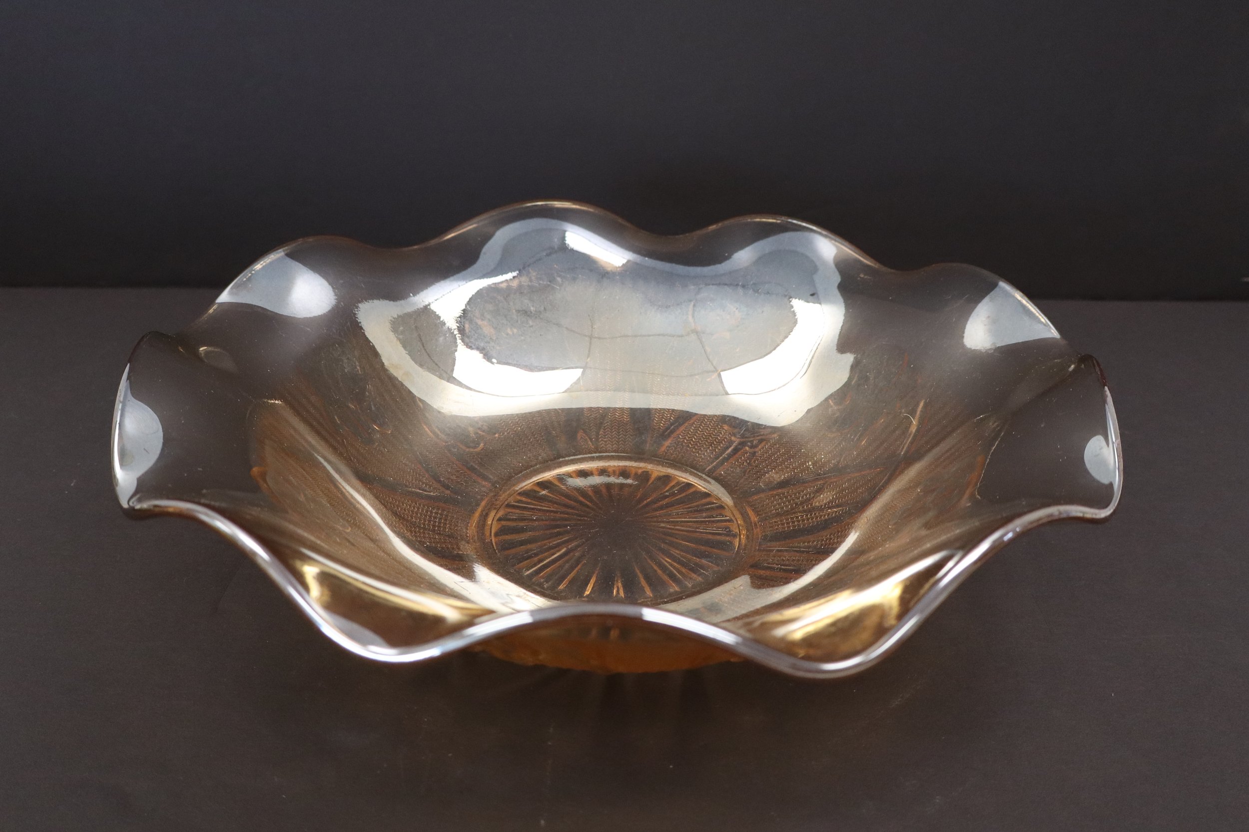 Vintage Marigold Carnival Indiana Glass Fluted Decorative Bowl , vtg, kitschy, americana, collectible, shabby chic, decor