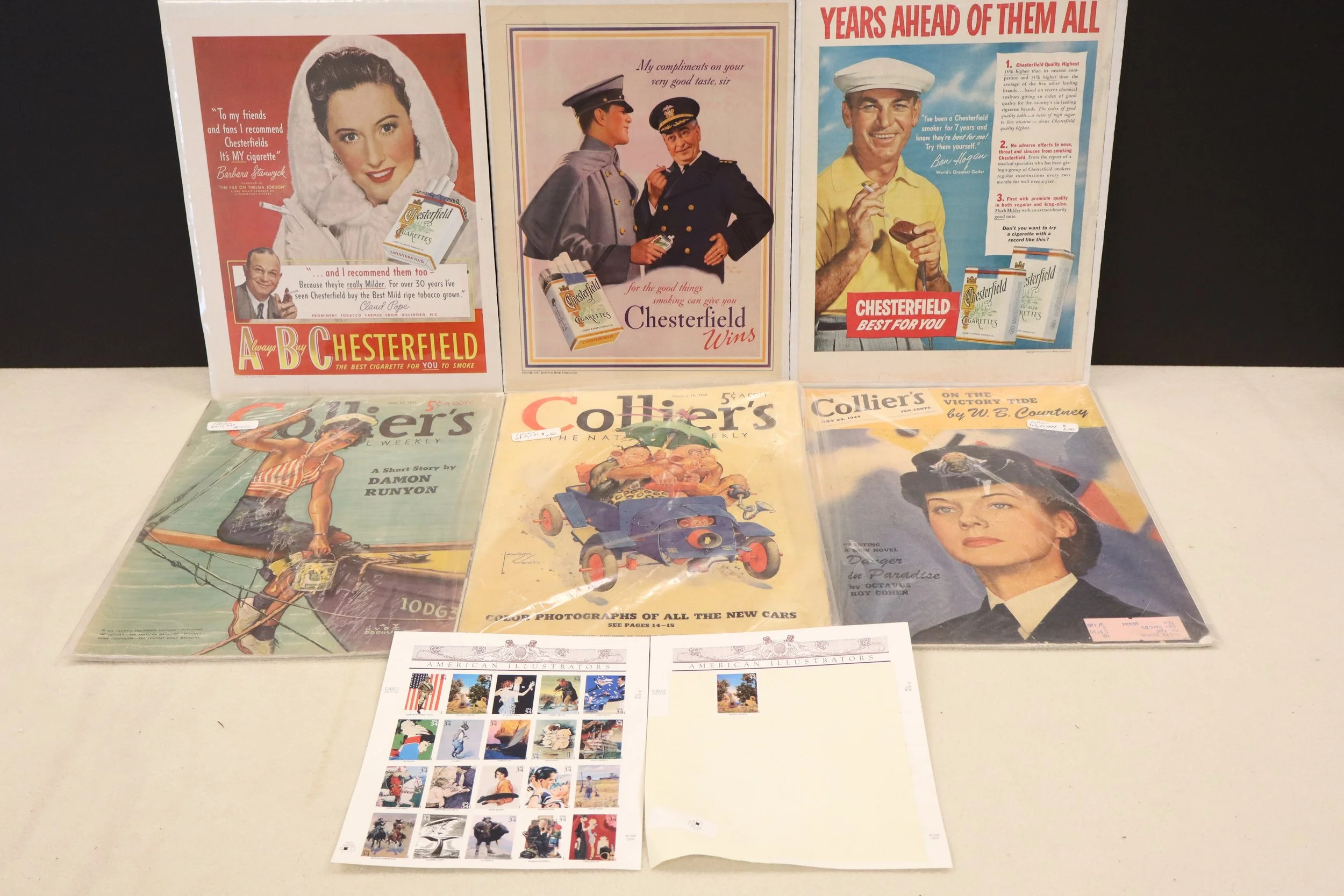 Lot of Vintage Chesterfield Cigarette Ads & Collier Magazines, mcm, mid century modern, decor, decorative, vtg, rare, collectible, interior design, advertisement, 50s, 1950s, 1950's