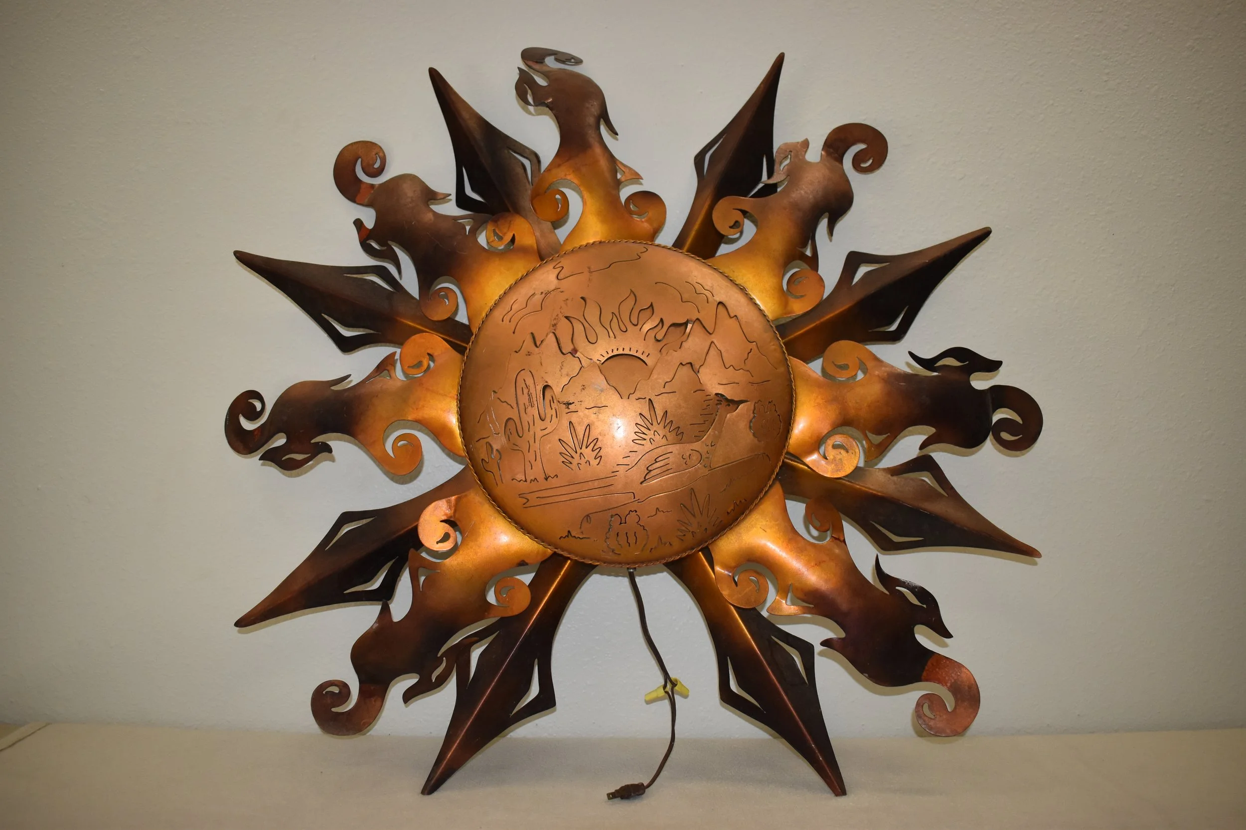 Flaming Sun Iron Wall Art, mexico, southwest, handmade, folk art, folksy, decor, metal, distressed, patina