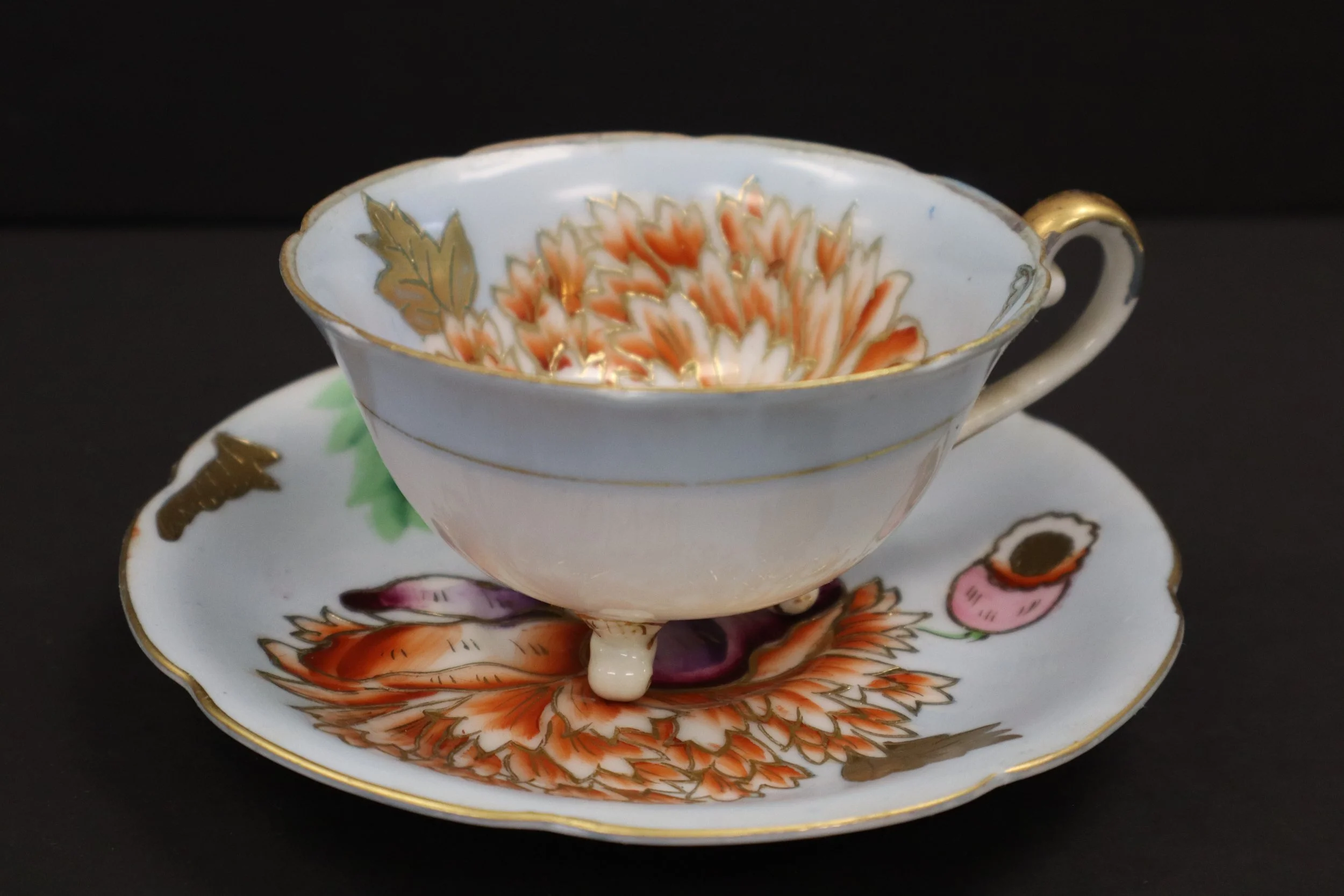 Vintage Saji Fancy China Occupied Japan Floral Moriage Cup & Saucer Hand Painted Raised Gold, nippon, collectible, vtg, rare, art, artistic