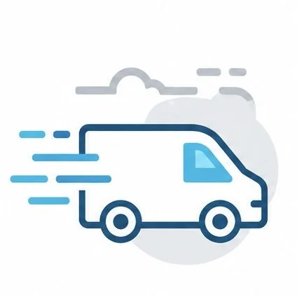 A simple illustration of a moving delivery van in blue, with motion lines indicating speed, against a light gray background.