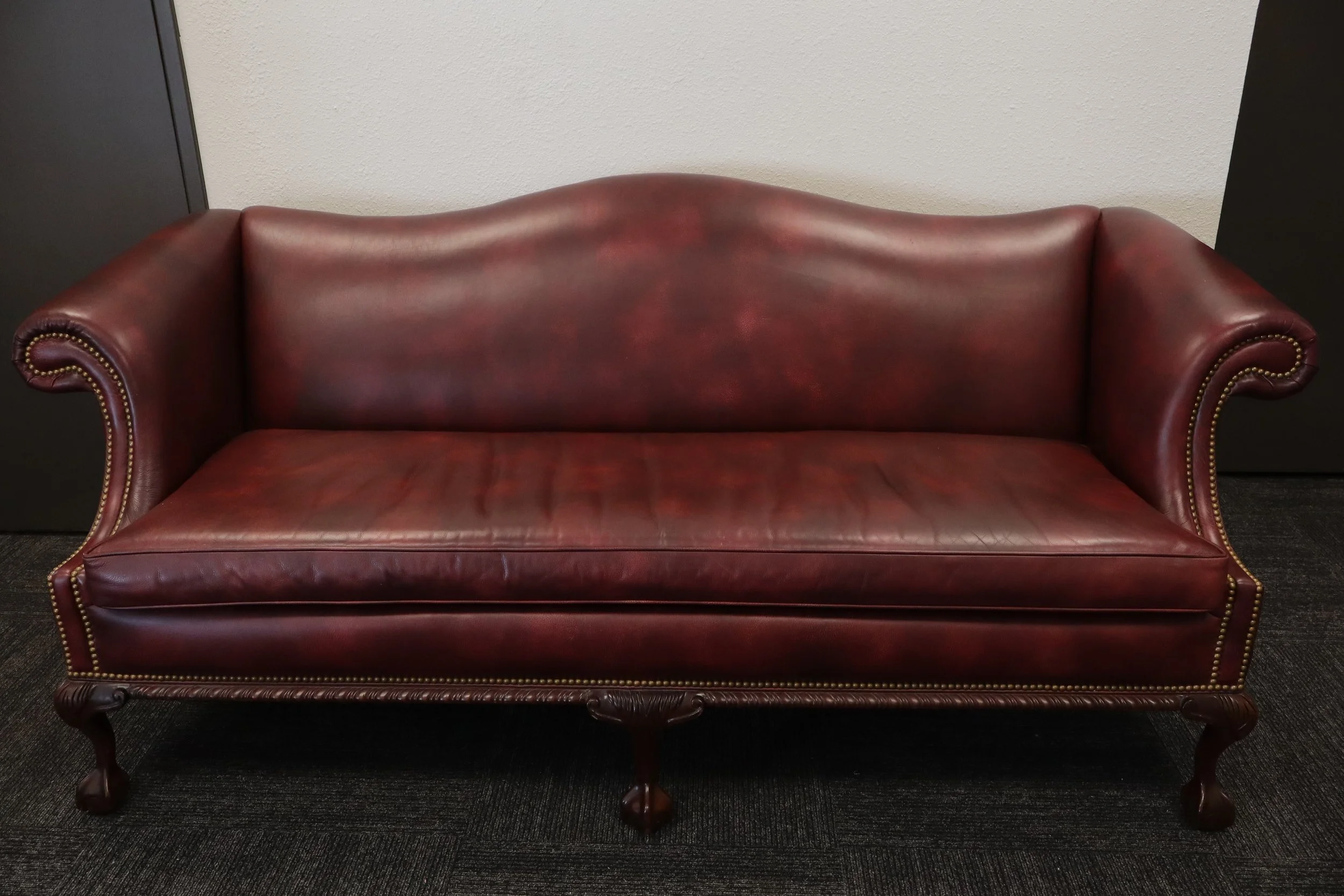 Oxblood Camelback Chesterfield Sofa, leather, sofa, couch, leather couch, leather sofa, regal, elegant, camelback, vtg, vintage, rare, collectible, loveseat, hancock & moore, masins