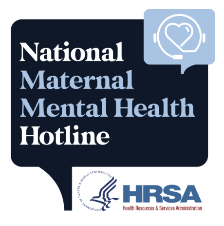 Logo for the National Maternal Mental Health Hotline with HRSA logo and a heart inside a headset icon.