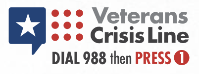 Veterans Crisis Line logo with a blue speech bubble containing a white star, red dots, and text instructing to dial 988 then press 1 for help.