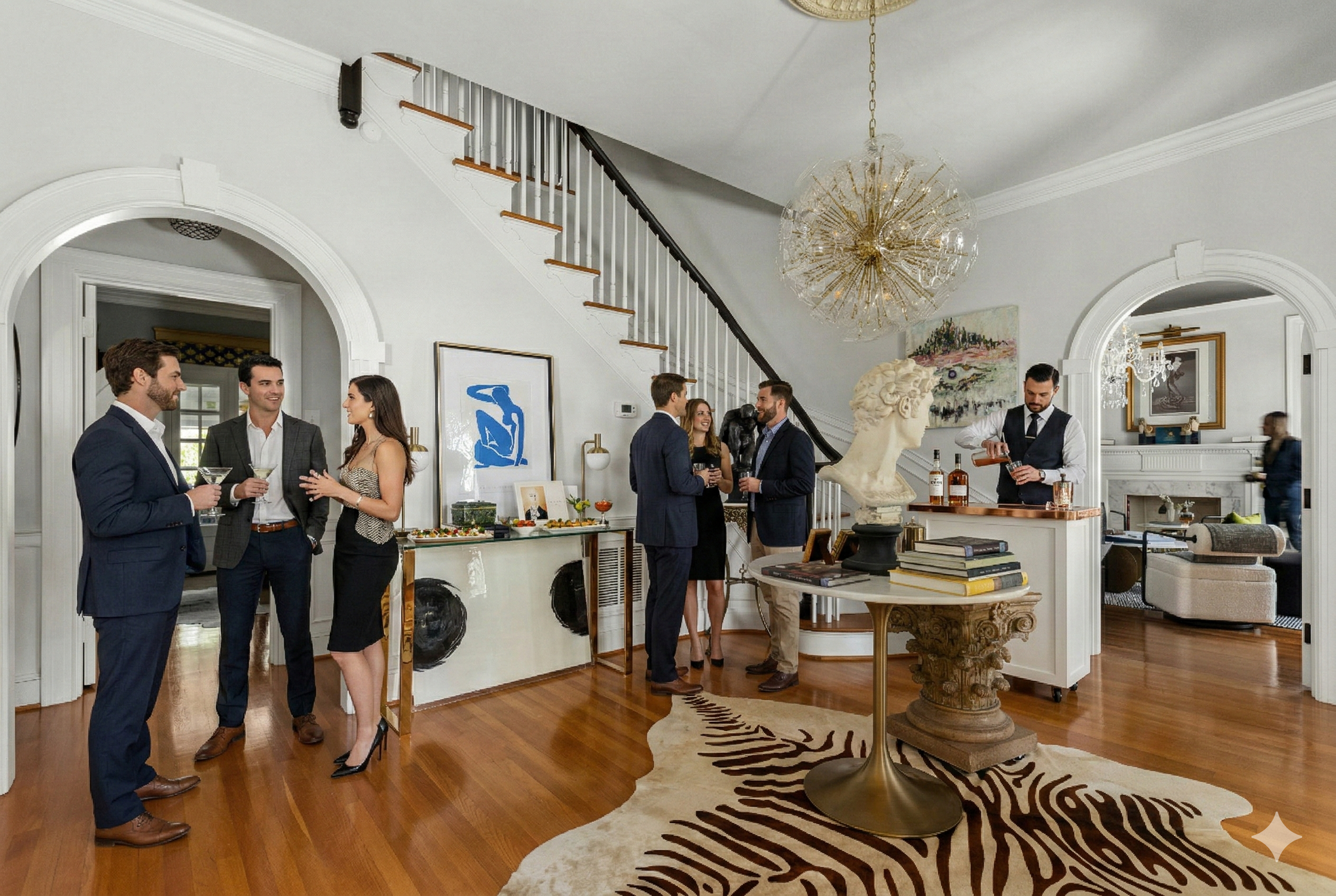 Large cocktail party in the foyer of Boutique Auberge. Canapes, blue matisse, zebra hide, Regina Andrews Poppy light fixture. David Bust. Tulip table. Men and women in party attire mingling