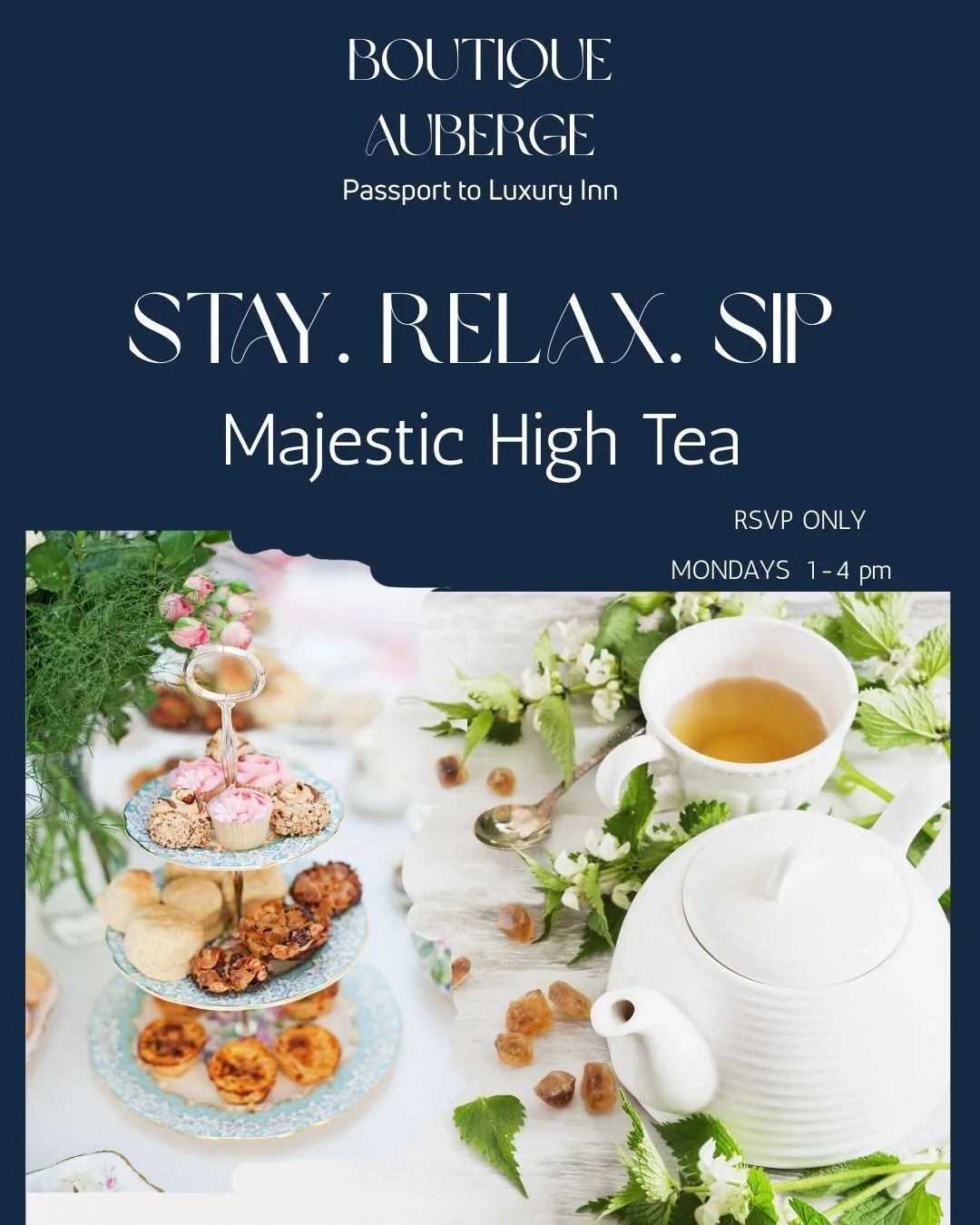 MONDAY MOOD SWING: From Drab to FAB. 💅

Stop hitting 'snooze' on your life! Kick off the week with the elegance you deserve. It's Majestic Monday at Boutique Auberge's High Tea!

🚨 NEW: Our stunning Winter Plating menu is here and it's a seasonal m