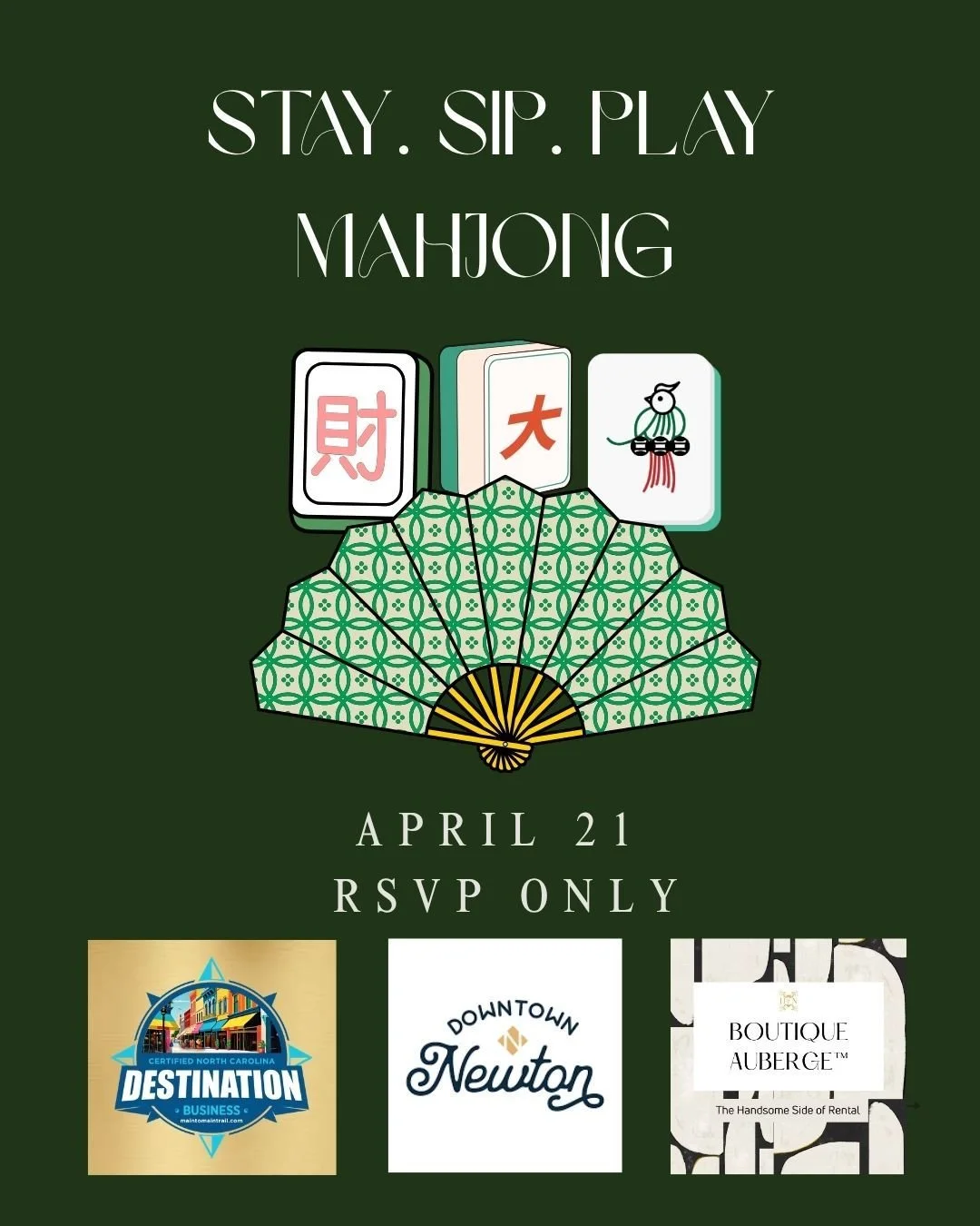 SIP. STAY. PLAY MAHJONG
APRIL 21 @ 6-8PM
CANAPES + TILES

DM TO RSVP