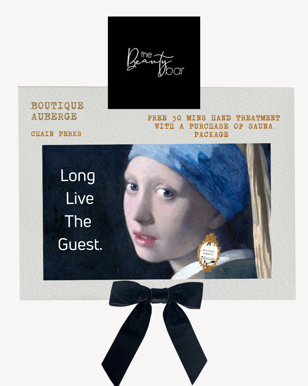boutique auberge logo. the beauty bar logo. black velvet ribbon. the pearl painting image of girl with blue hair scarf. Long Live the Guest. Chain Perks