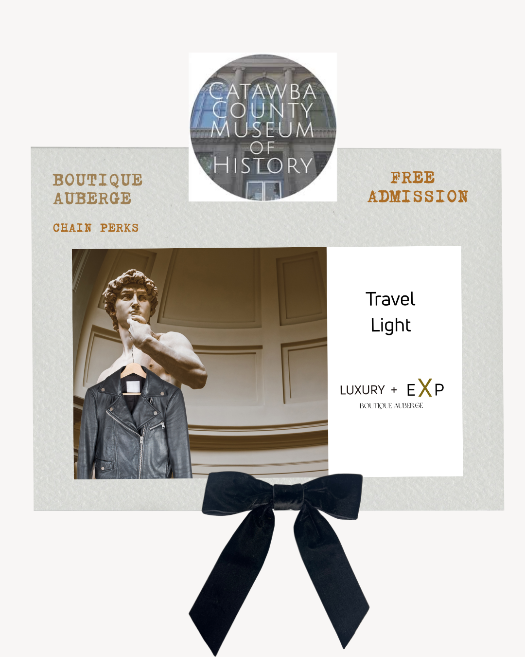 Catawba History Museum logo. Boutique auberge logo. David Statue. black motorcycle lether jacket.