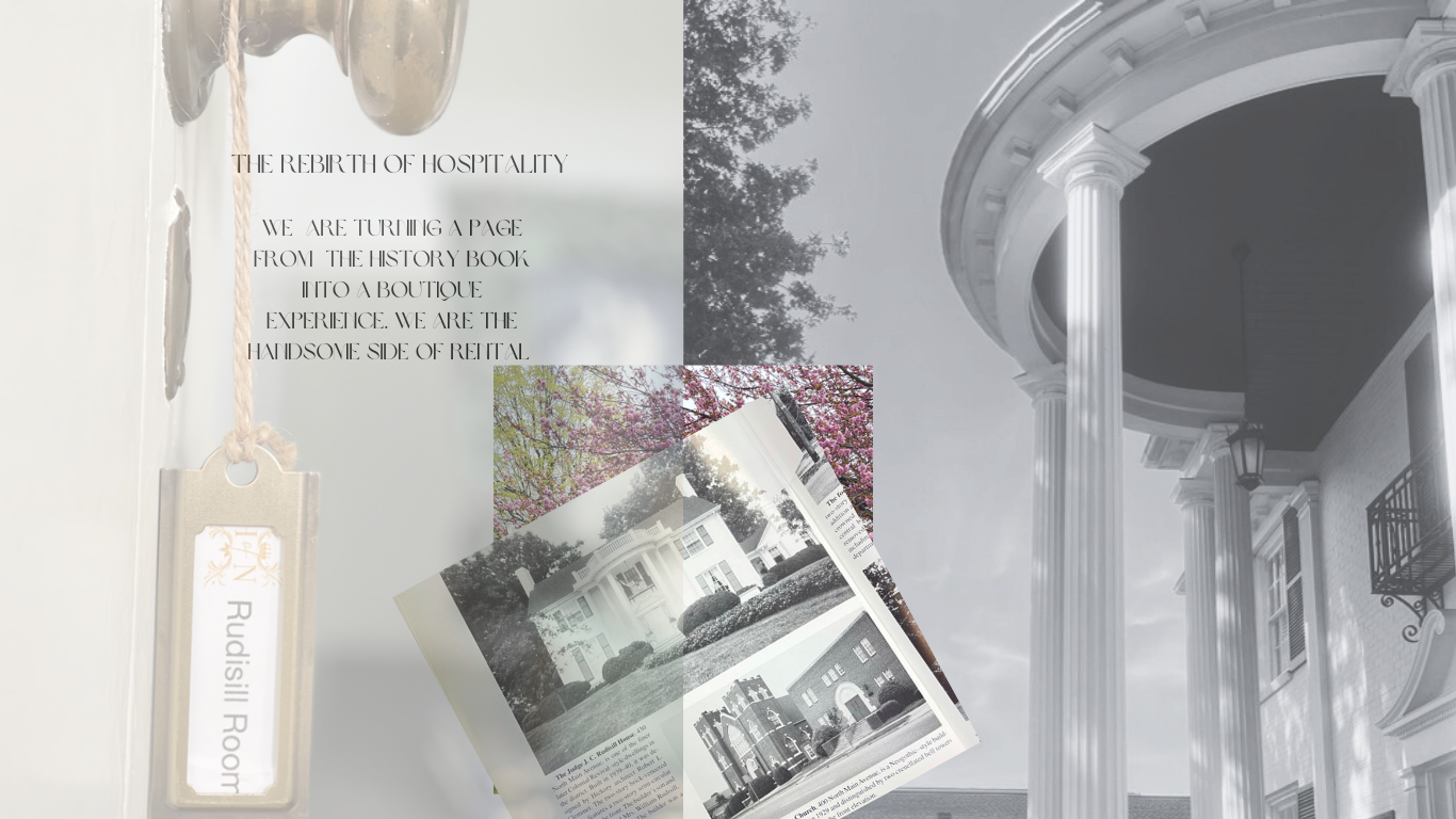 A collage featuring a building with tall white columns, a black mailbox with a decorative bracket, an open magazine showing pictures of houses, and a hanging tag labeled 'Rudisill Room'. The background includes a cloudy sky and trees.