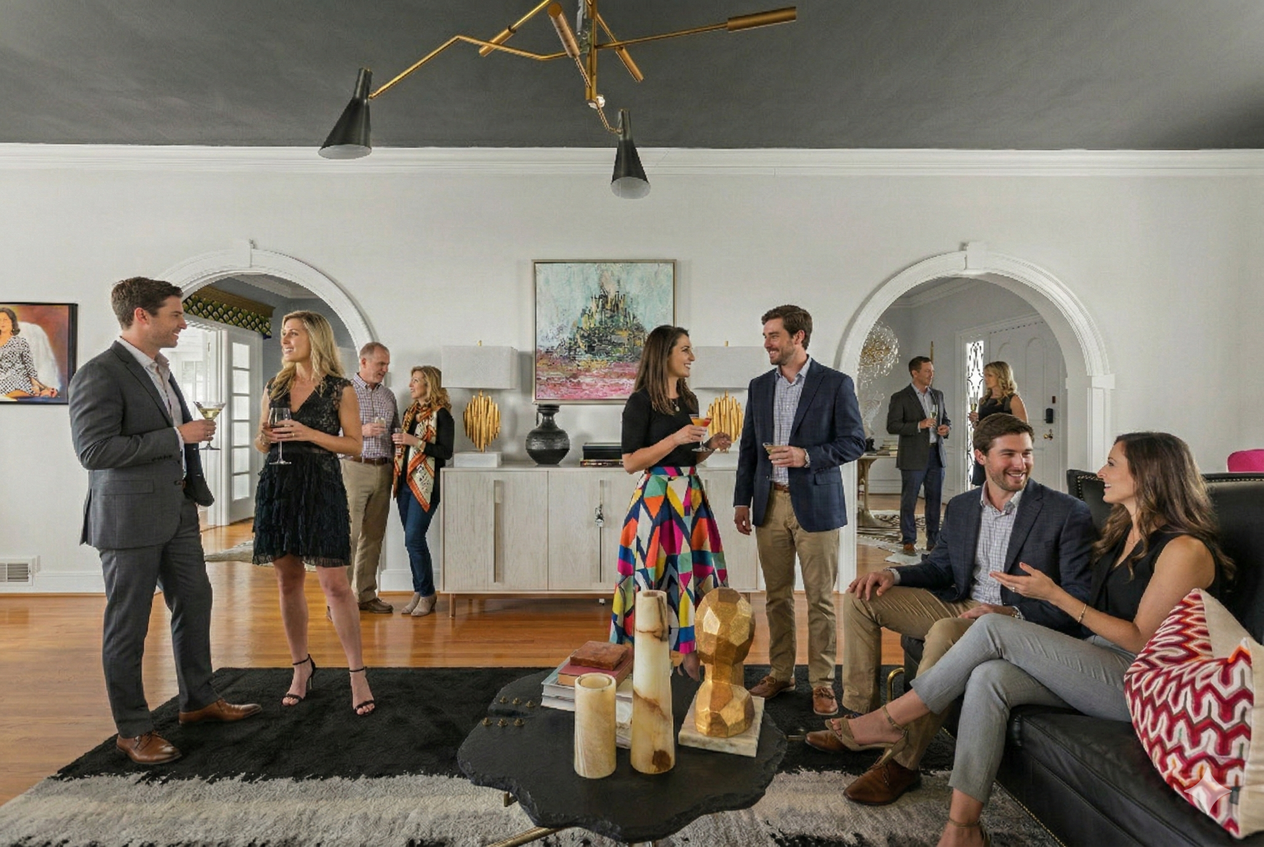 Corporate party at Boutique Auberge. Large gathering space with custom Rina Norwood art. Arched doorway. Regina Andrew light fixture.