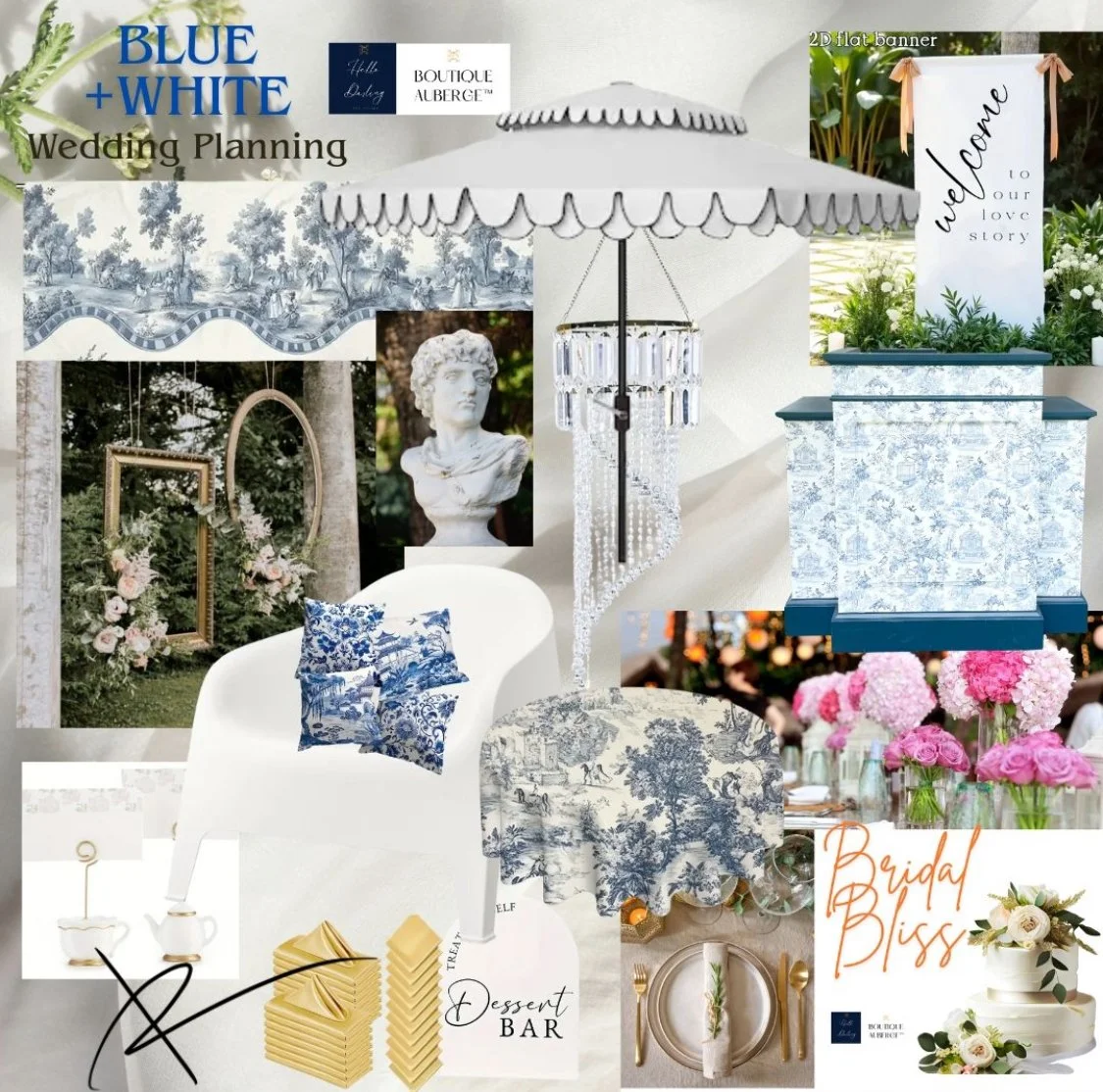 Wedding moodboard with blue and white french toile theme. A david bust, picture frame in the garden with modern white chairs.