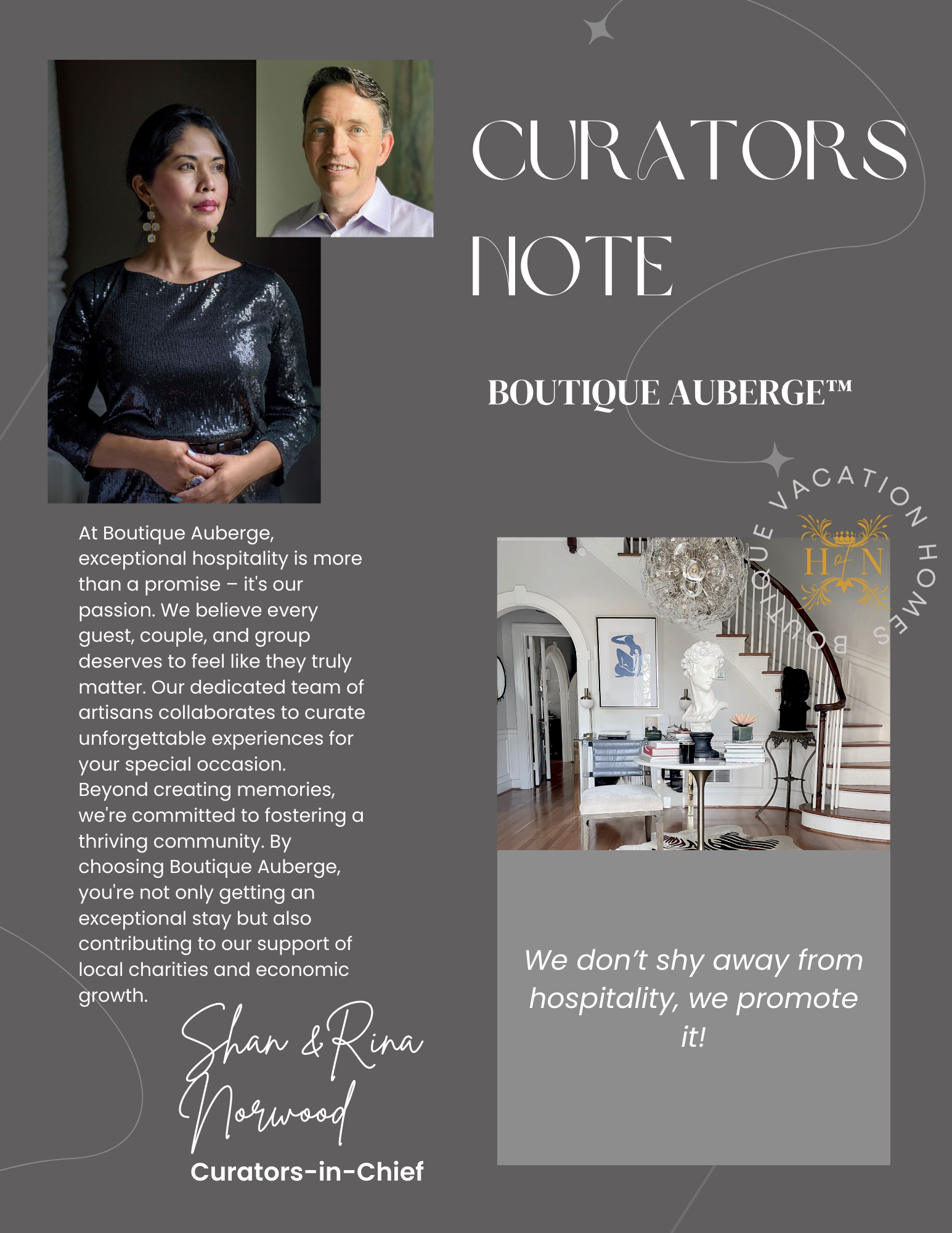 Brochure for Boutique Auberge featuring photos of two hosts, Shah and Rina Norwood, with a description emphasizing exceptional hospitality and community support, and images of a stylish interior space with artwork and decor.