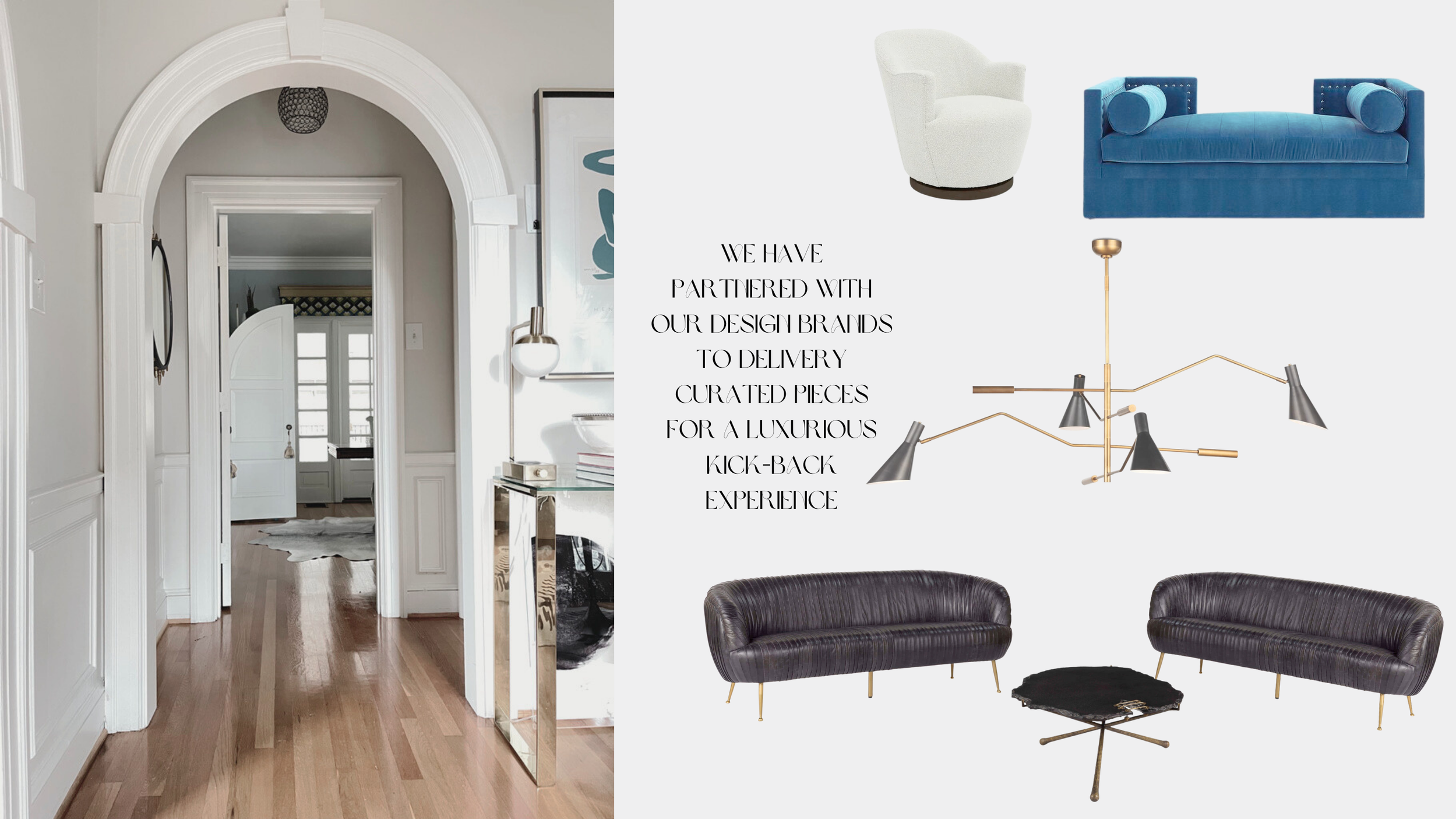 Interior hallway with white walls, arched doorway, hardwood floors, modern decor, and a glimpse into a room with a door and windows.