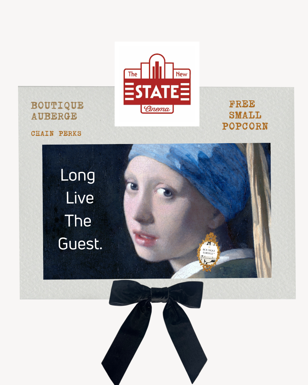 Chain Perk card of the pearl painting. black velvet ribbon. New State Cinema logo. Boutique Auberge logo