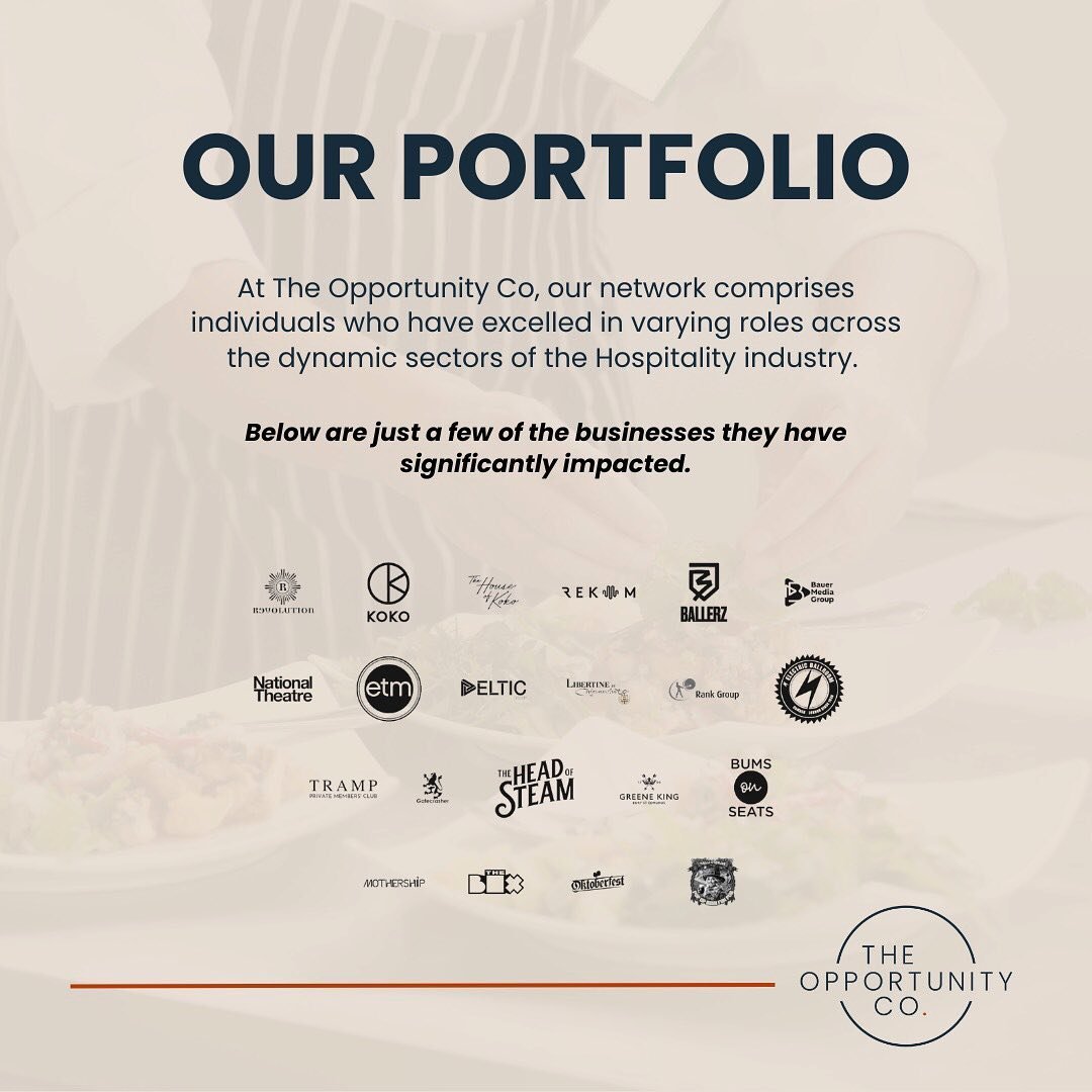 The Opportunity Co - Portfolio. 

Our team at The Opportunity Co. has had the privilege of working with some of the most influential brands in the hospitality industry. 

From shaping strategies to driving growth, these logos represent just a glimpse