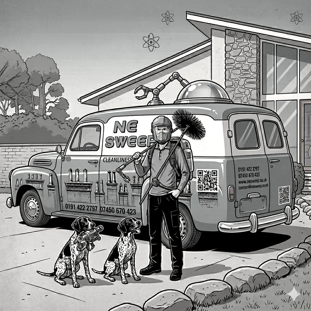 The owner of NE Sweep standing with his dogs beside his van