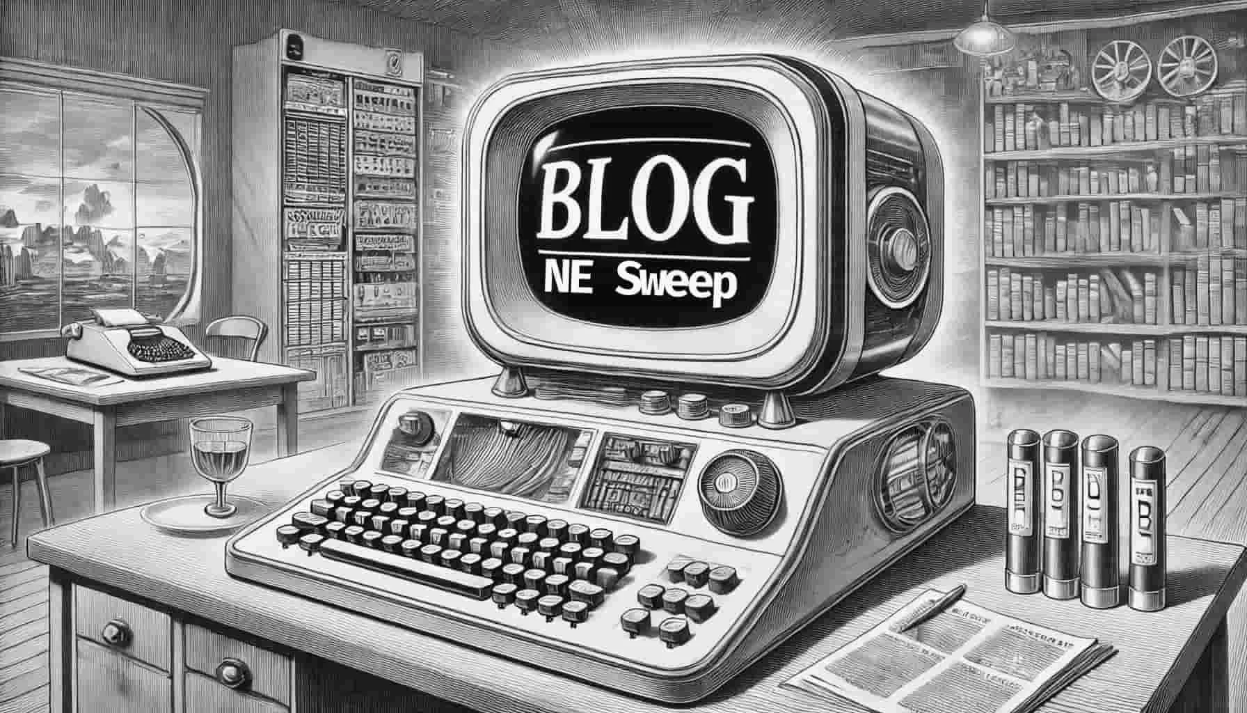 'NE Sweep - Blog' shown on a screen of a futuristic typewriter