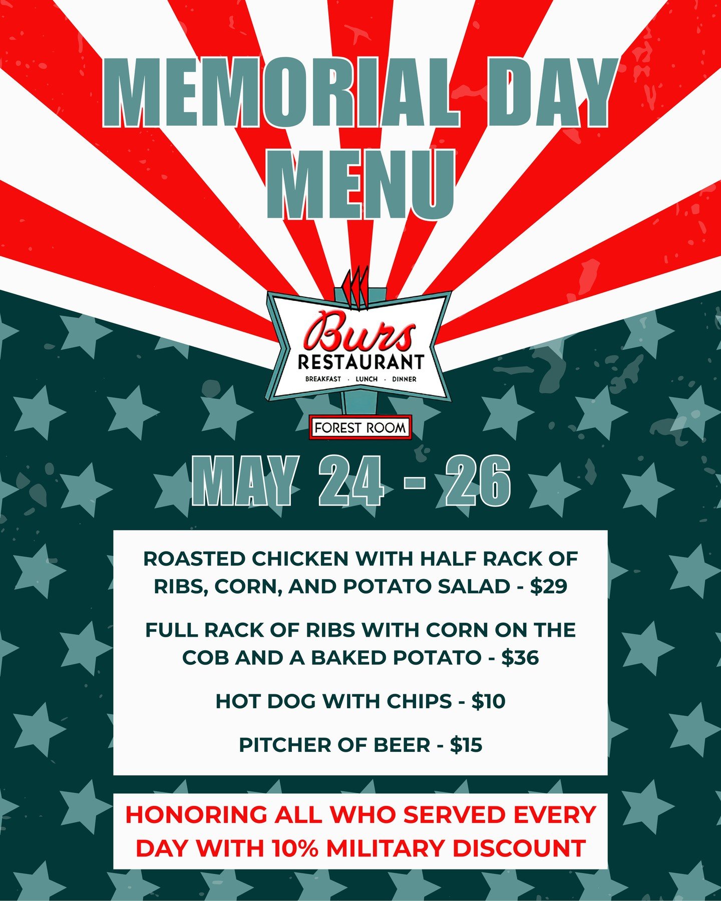 🔥 MEMORIAL WEEKEND BBQ SPECIALS ARE ALMOST HERE 🔥⁠
⁠
We&rsquo;re bringing the BBQ to you so you can skip the prep and get straight to the good stuff!⁠
⁠
🌭 Hot dog + chips⁠
🍖 Full rack + corn on the cob + baked potato⁠
🍗 Roasted chicken + half ra