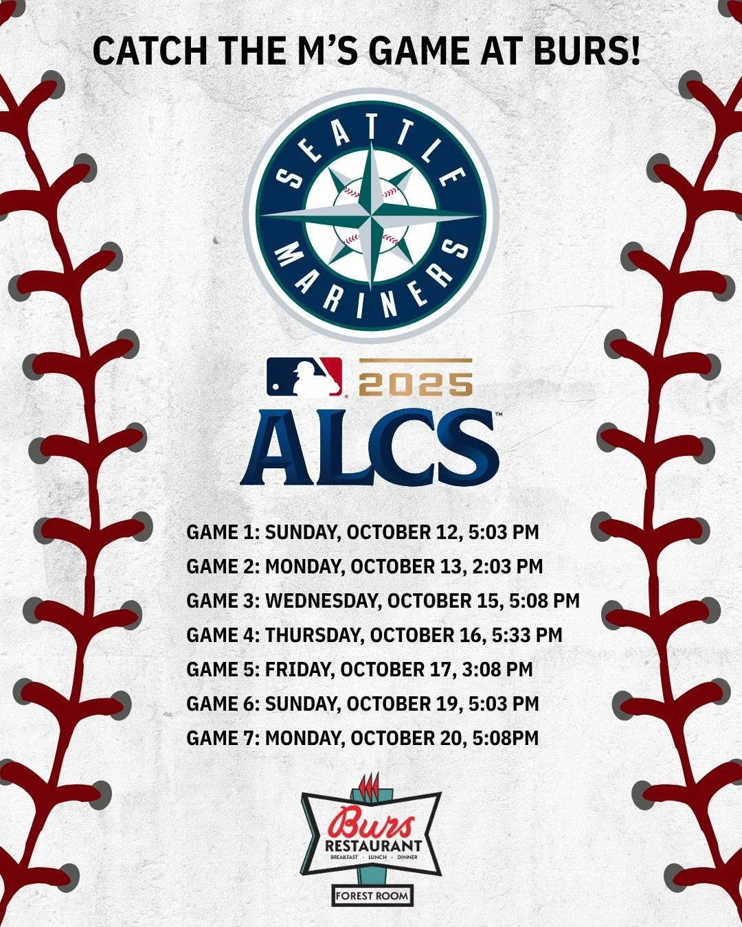 Come catch the ALCs series with us at Burs! Go Ms!!⁠
⁠
Game 1: Sunday, October 12, 5:03 PM⁠
Game 2: Monday, October 13, 2:03 PM⁠
Game 3: Wednesday, October 15, 5:08 PM⁠
Game 4: Thursday, October 16, 5:33 PM⁠
Game 5: Friday, October 17, 3:08 PM⁠
Game 