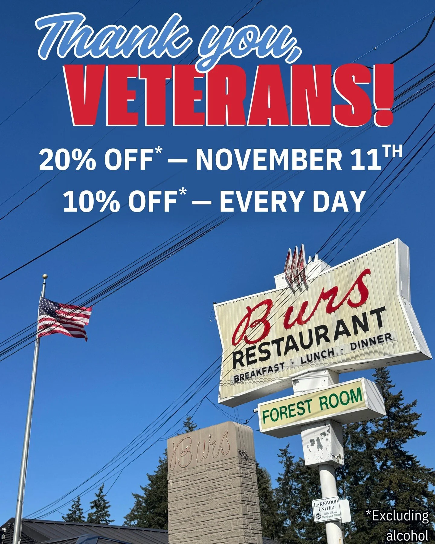 We&rsquo;re proud to serve those who serve 🇺🇸⁠
⁠
Active duty military and veterans get 20% off their meal on Veteran's Day, November 11, as our way of saying thank you.⁠
⁠
Plus, we offer 10% off every day.⁠
⁠
(Discount excludes alcohol)
