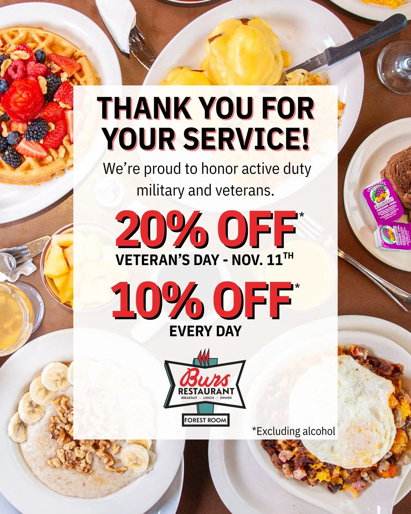 🇺🇸 Today we honor our heroes! 🇺🇸⁠
⁠
Active duty military and veterans get 20% off their meal today.⁠
And remember, you&rsquo;ll get 10% off every day at Burs after that.⁠
⁠
Stop by and let us say thank you in person! We're open our usual hours, f
