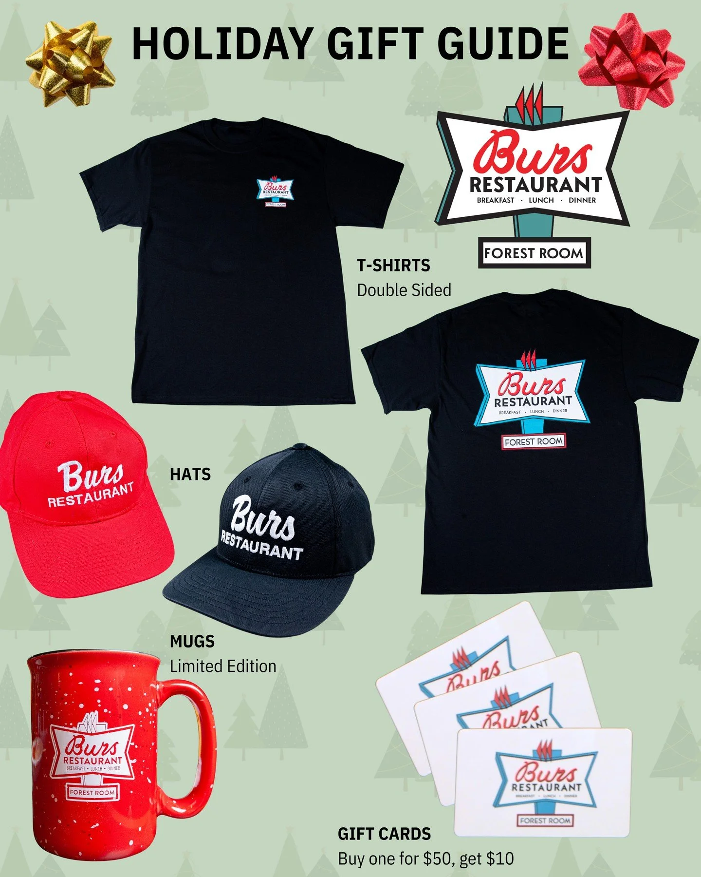 Seasons greetings! We&rsquo;ve got hats, T-shirts, and limited edition mugs that make great gifts for the Burs lovers in your life ☕️🍳🧇❤️⁠
⁠
Plus, buy a $50 gift card between now and December 31 and snag a $10 off coupon to use on your next visit b