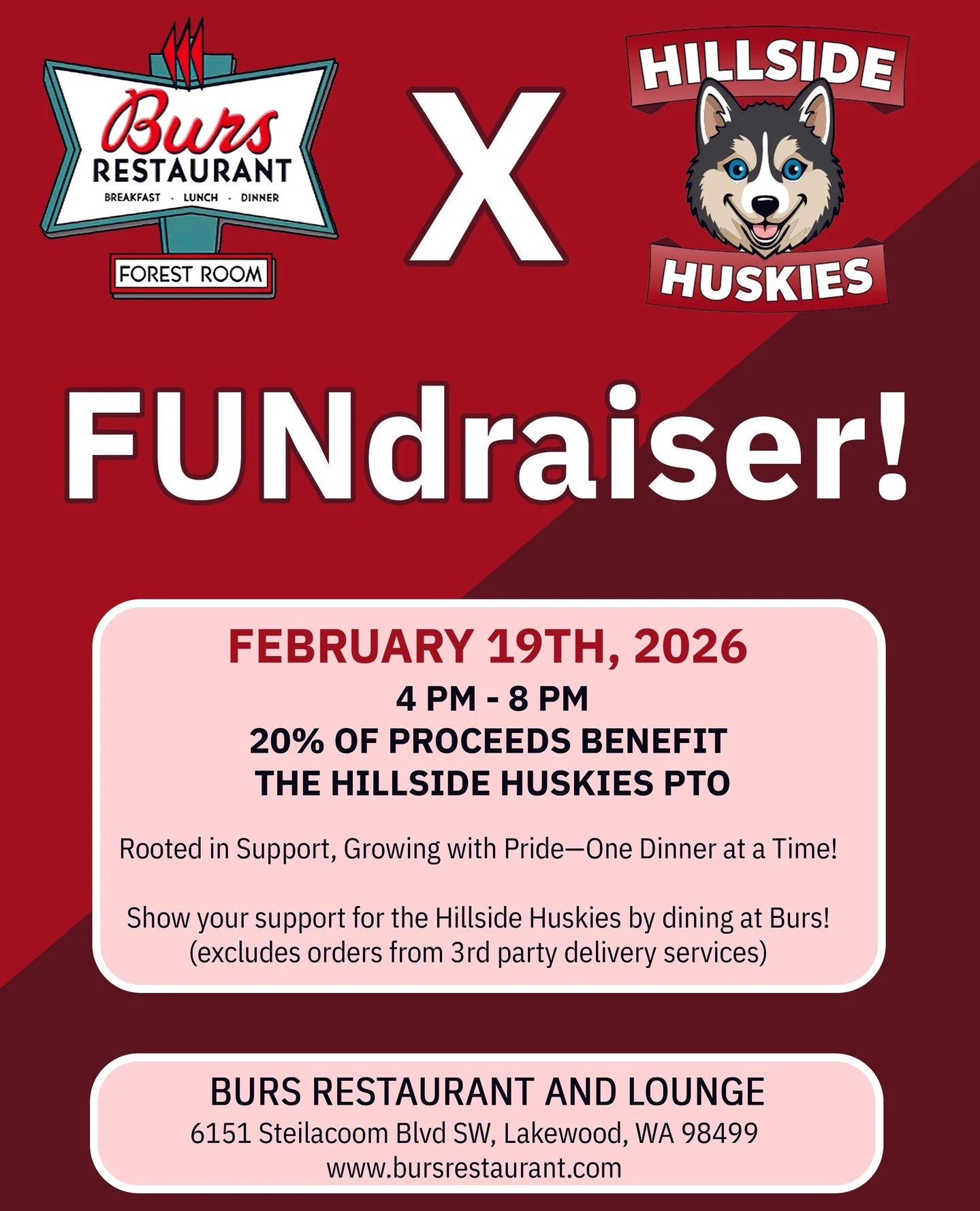 Join us for dinner next Thursday, Feb. 19, and help us support the Hillside Huskies!⁠
⁠
We&rsquo;re donating 20% of sales from 4PM to close to Hillside Elementary School. This excludes third-party orders, so be sure to dine in or order directly throu