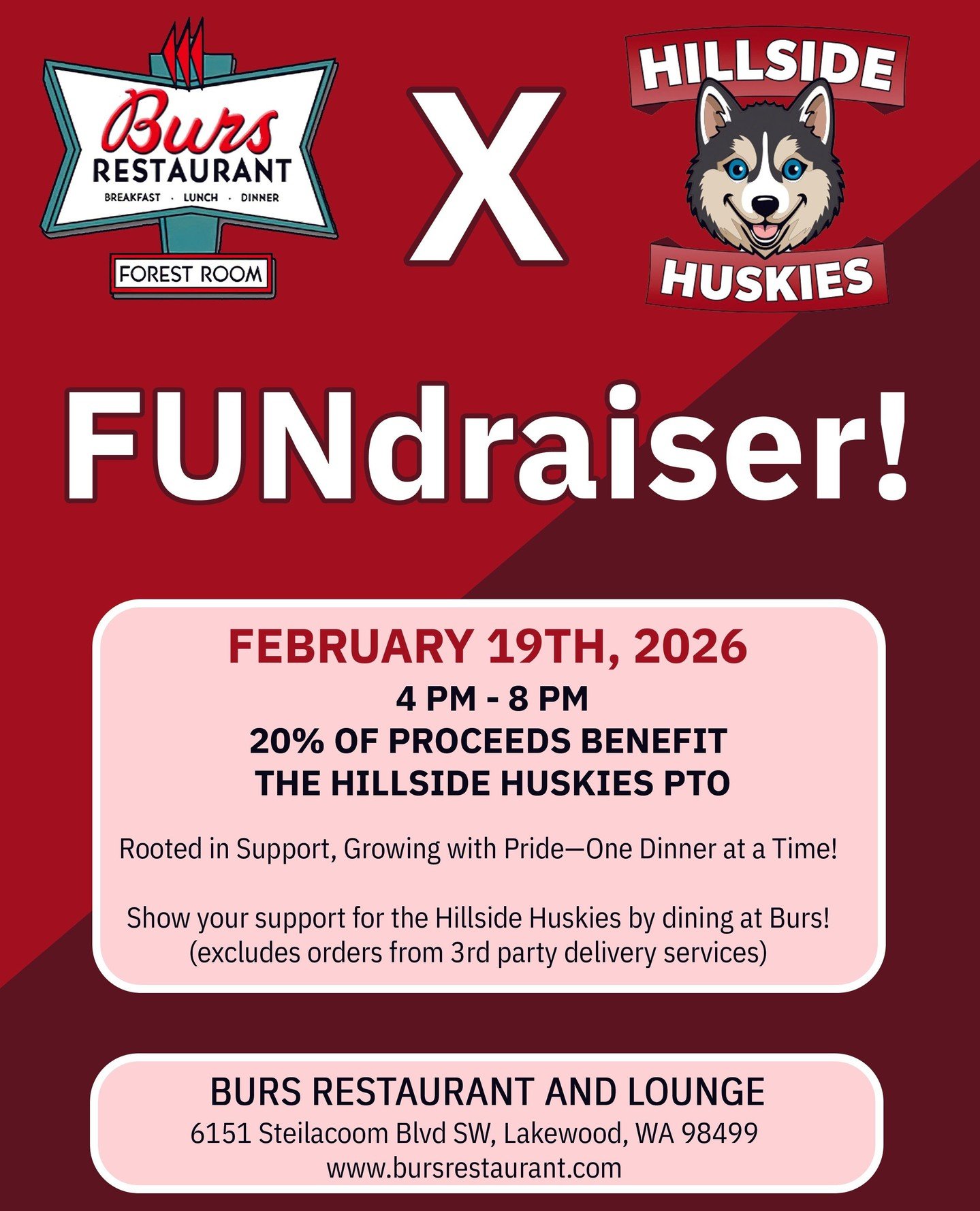 Join us for dinner next Thursday, Feb. 19, and help us support the Hillside Huskies!⁠
⁠
We&rsquo;re donating 20% of sales from 4PM to close to Hillside Elementary School. This excludes third-party orders, so be sure to dine in or order directly throu