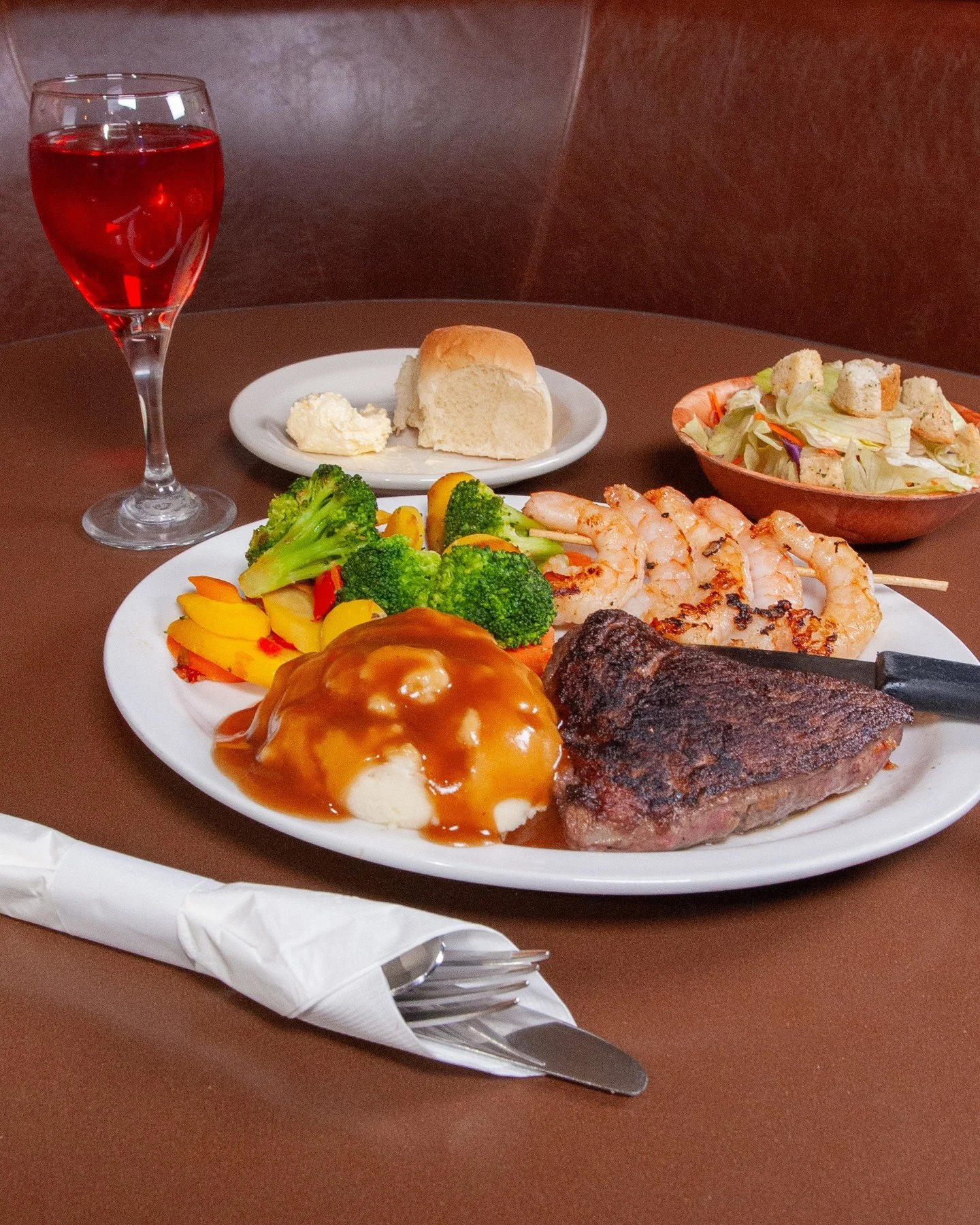 We're getting excited for our special, one day only Valentine's Day Menu! ⁠
⁠
🥩 Steak and Shrimp Dinner, served with seasonal veggies, mashed potatoes, side salad, and a dinner roll.⁠
⁠
🌹Red Velvet Waffle Meal, served with two eggs and your choice 