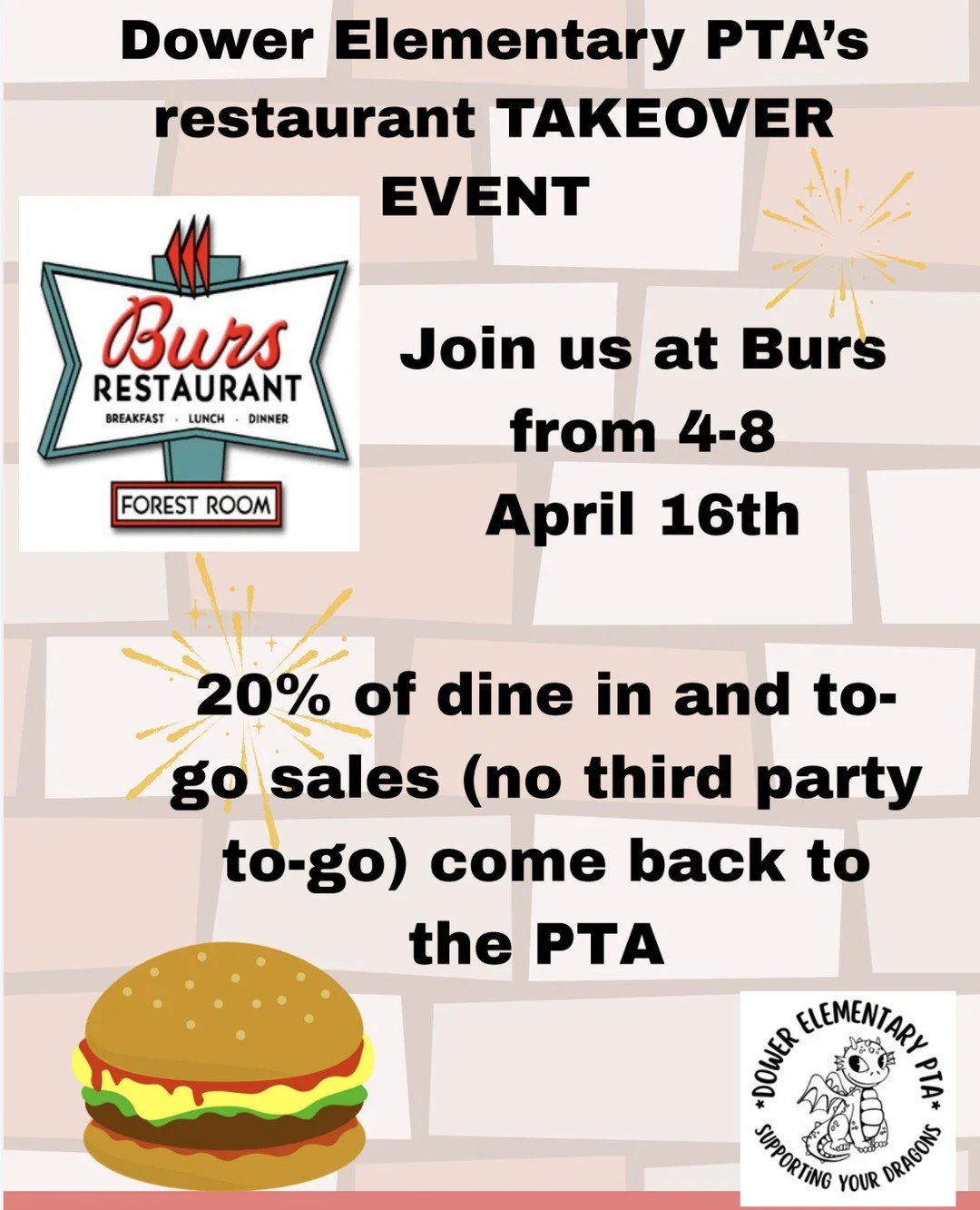 Mark you calendar! Next Thursday we are hosting Dower Elementary School's PTA for a FUNdraiser.⁠
⁠
Join us for a meal and help us support this awesome local school! ⁠
⁠
🗓️ Thursday, April 16th from 4PM-Close⁠
📍 Burs Restaurant⁠
🎒 20% of sales bene