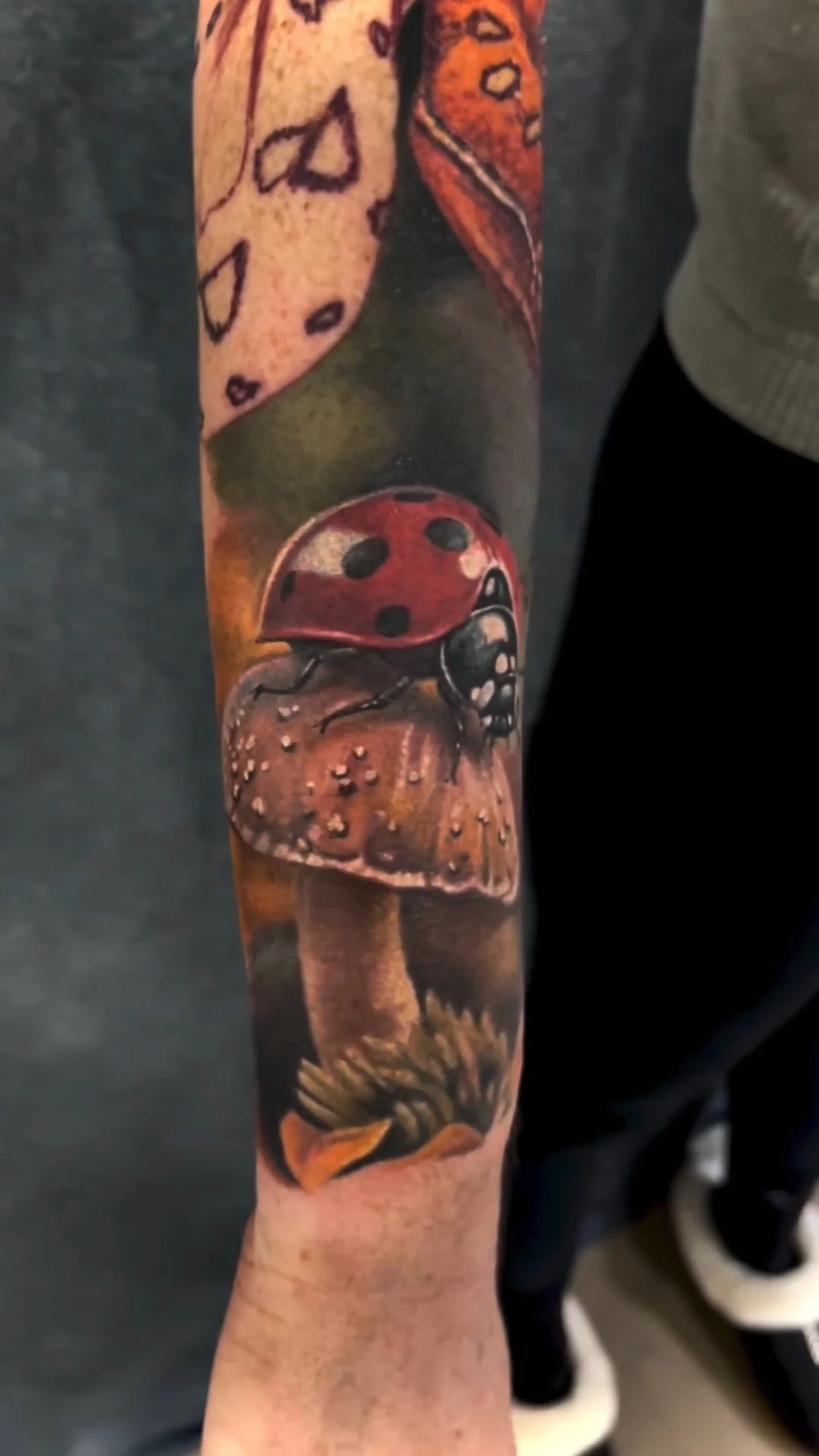 Tattoo of a ladybug on a mushroom with a blurred background.