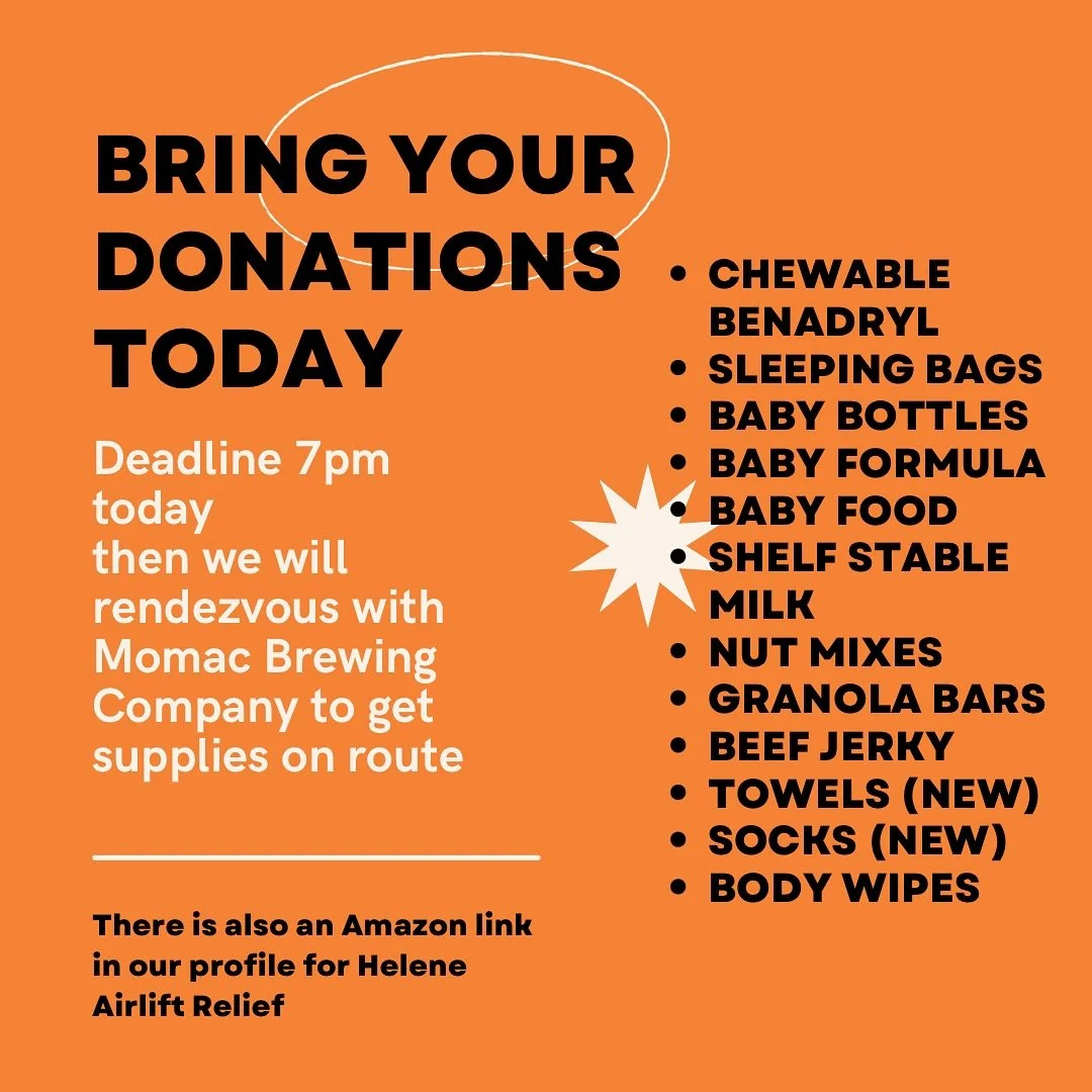 **Urgent Supplies Needed for Helene Relief Efforts** 

Please consider donating any of the following items to support communities affected by Hurricane Helene:

**Non-perishable food items** (canned goods, dry food, etc.)
**Bottled water**
**Baby for