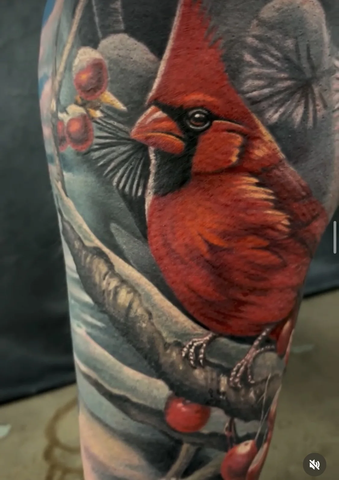 Tattoo of a red cardinal bird perched on a branch with cherries, depicted in vibrant colors and realistic detail.