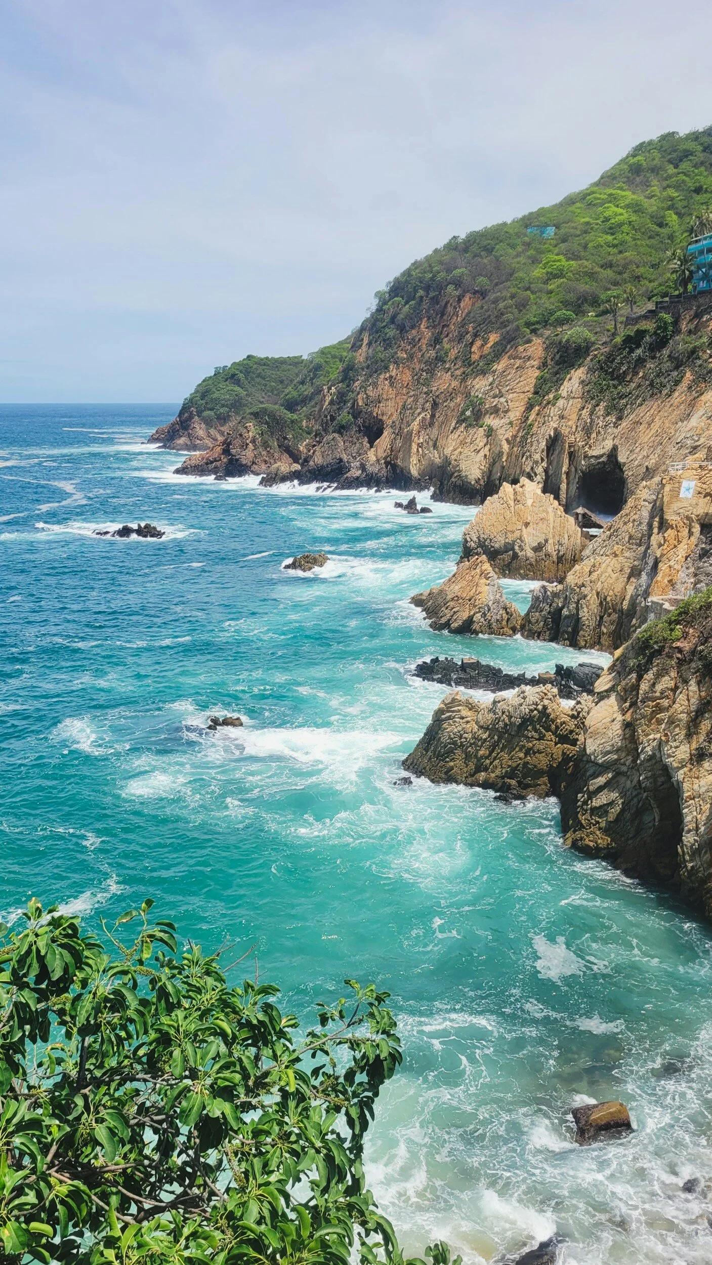 Cliffs by the ocean with green vegetation, rocks, and waves crashing on the shore