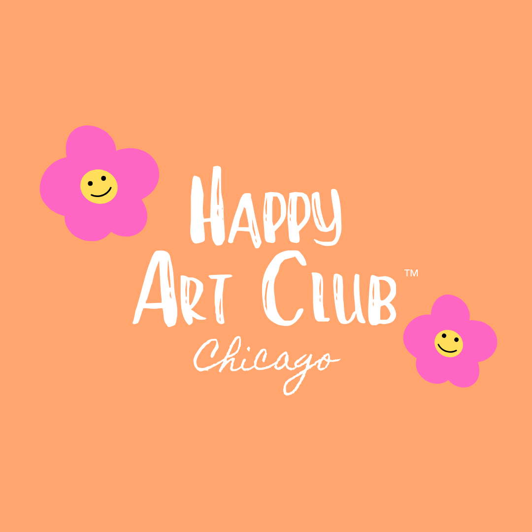 A peach-colored background with two pink smiling flower illustrations and white handwritten text that says 'Happy Art Club Chicago'.